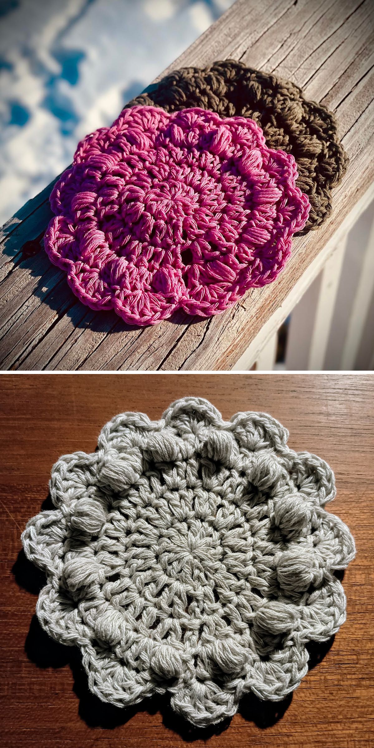 flower crochet coaster with a row of bobble stitches