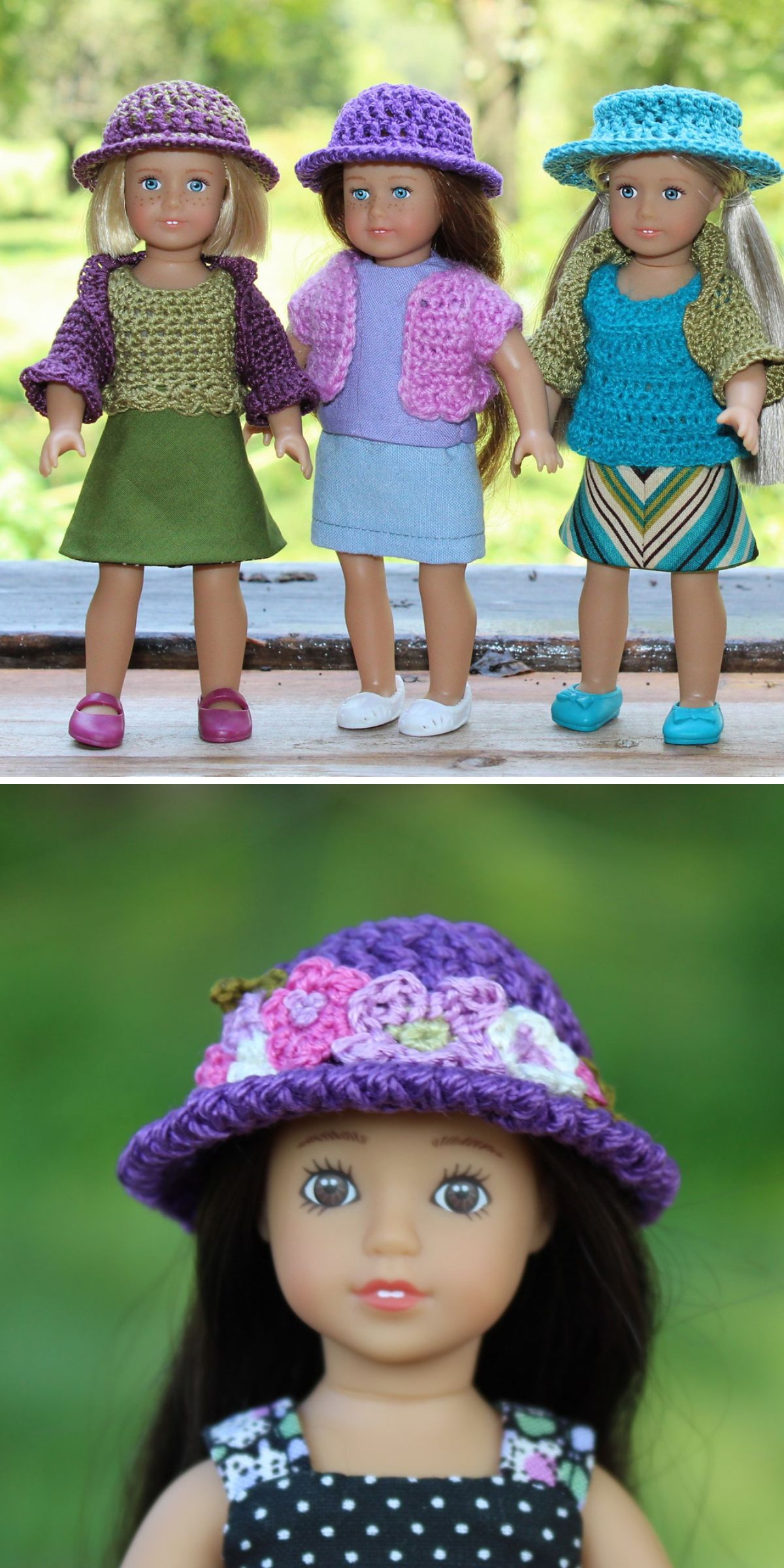 crochet doll hats in different colors
