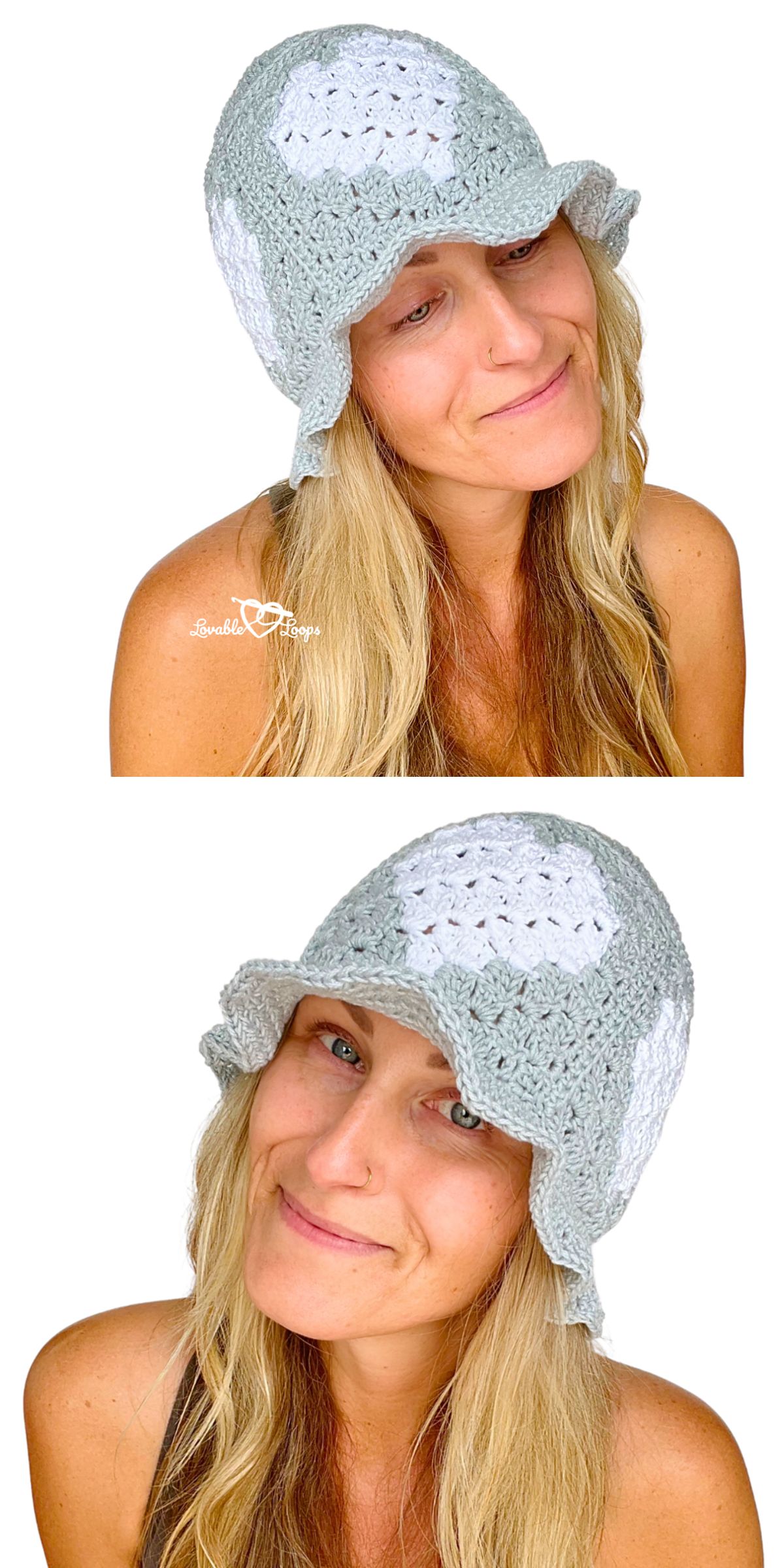 a crochet bucket hat imade from grey granny squares with white heart motifs