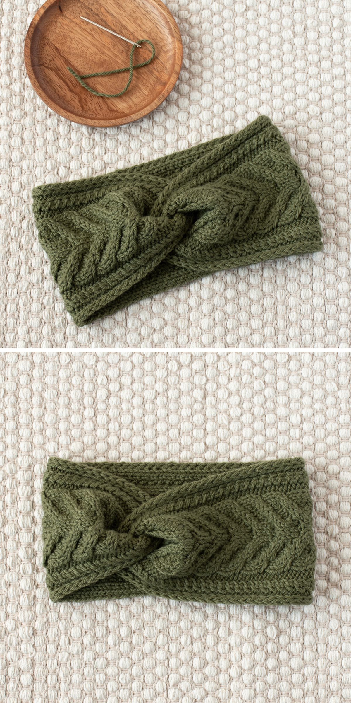 a stylish knitted headband in a dark green color