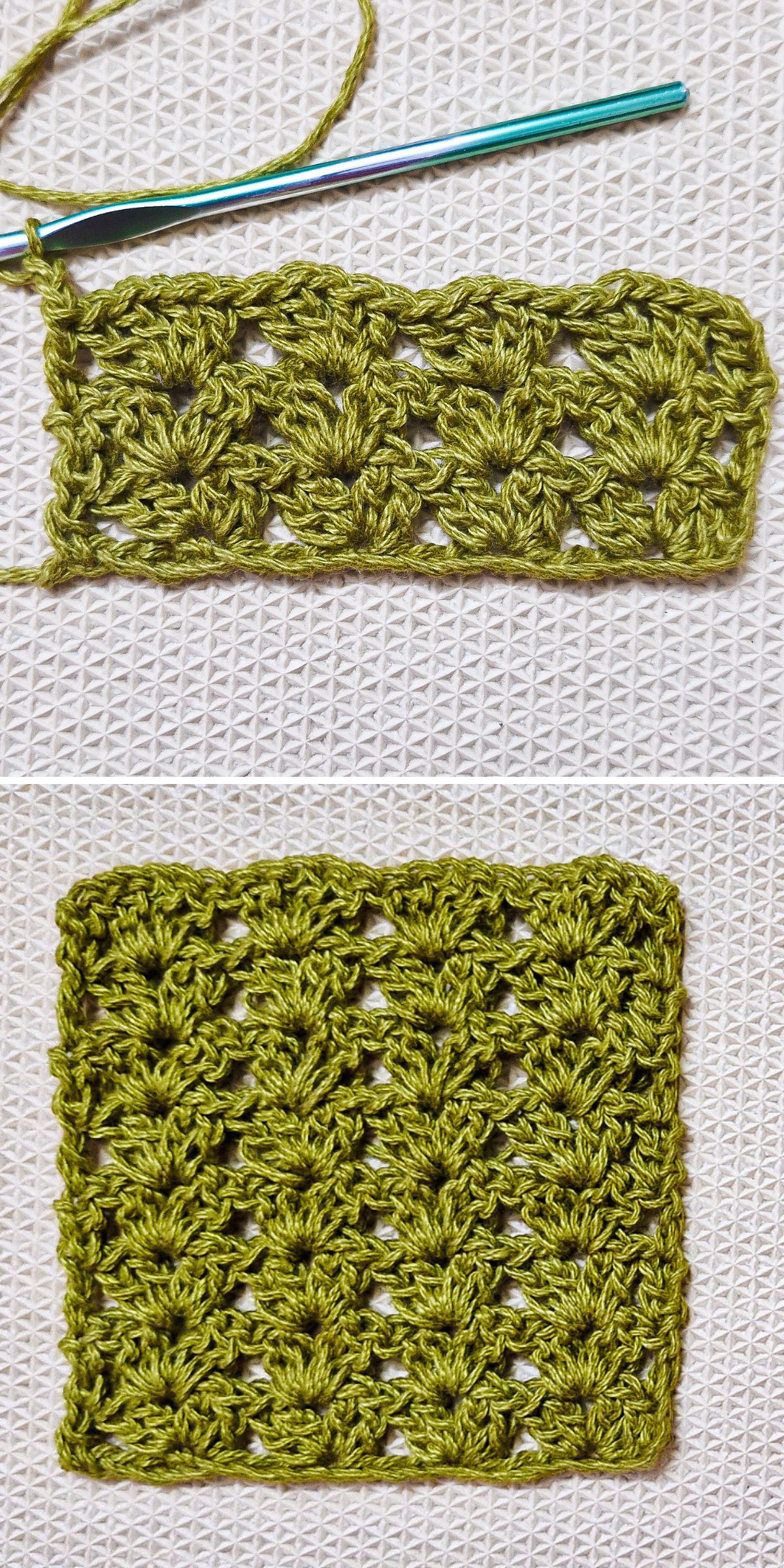 a crochet swatch worked with an Iris stitch in green color 