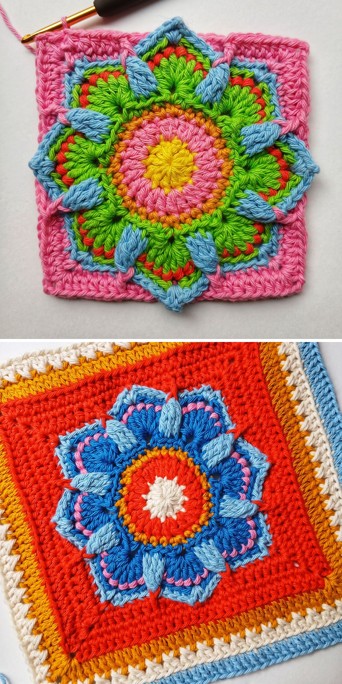 a crochet floral granny square in vibrant spring colors