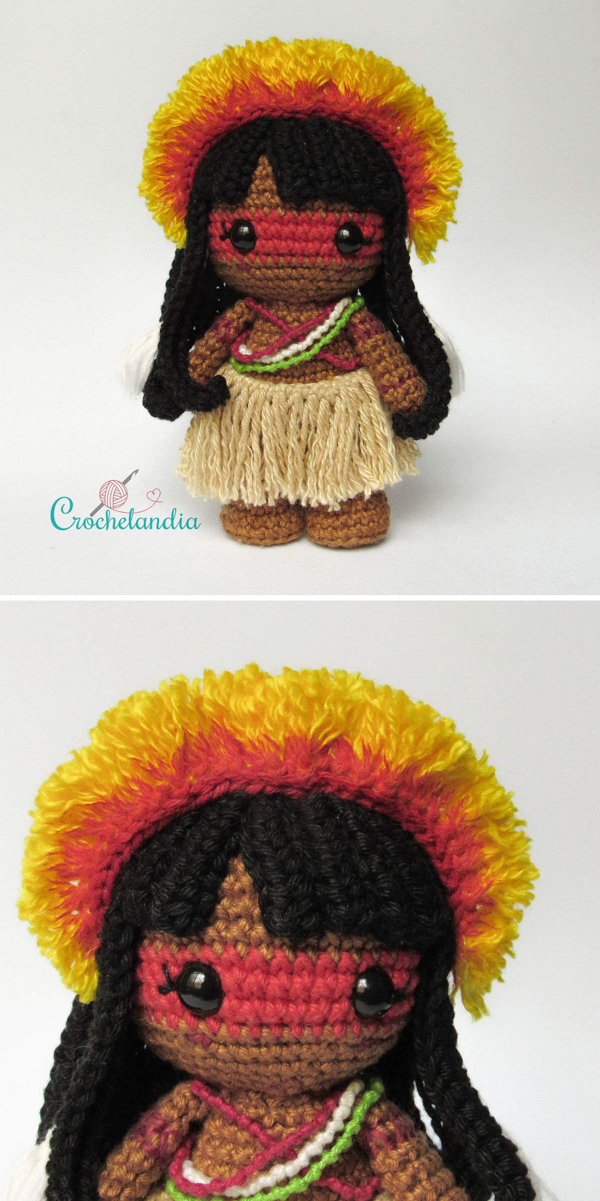 a crochet doll dressed in a hawaii skirt 