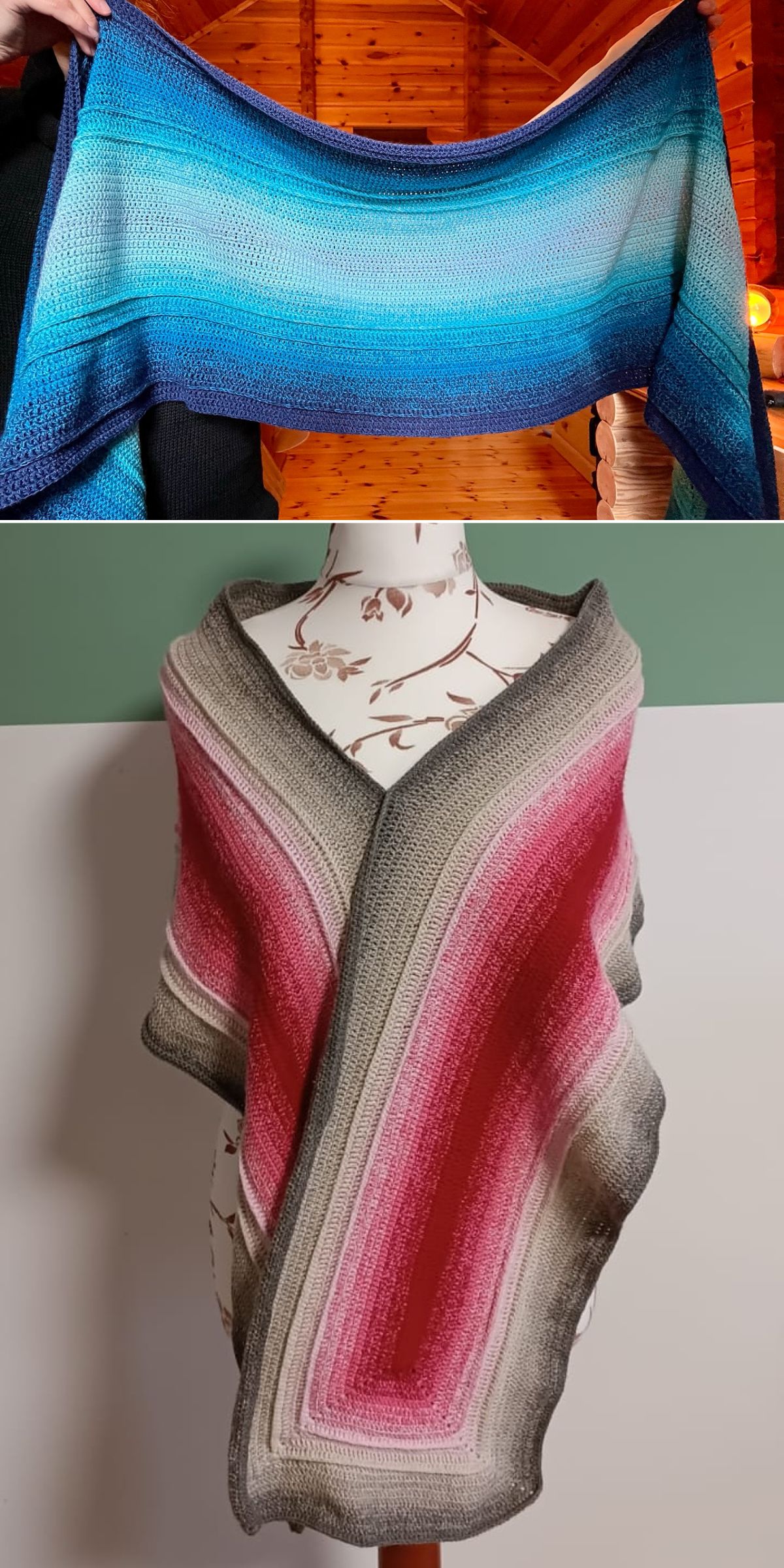 two rectangle crochet wraps in ombre colorways