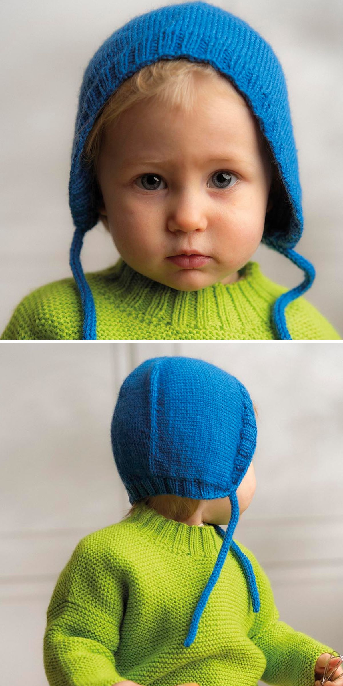 a baby wearing a blue knitted bonnet