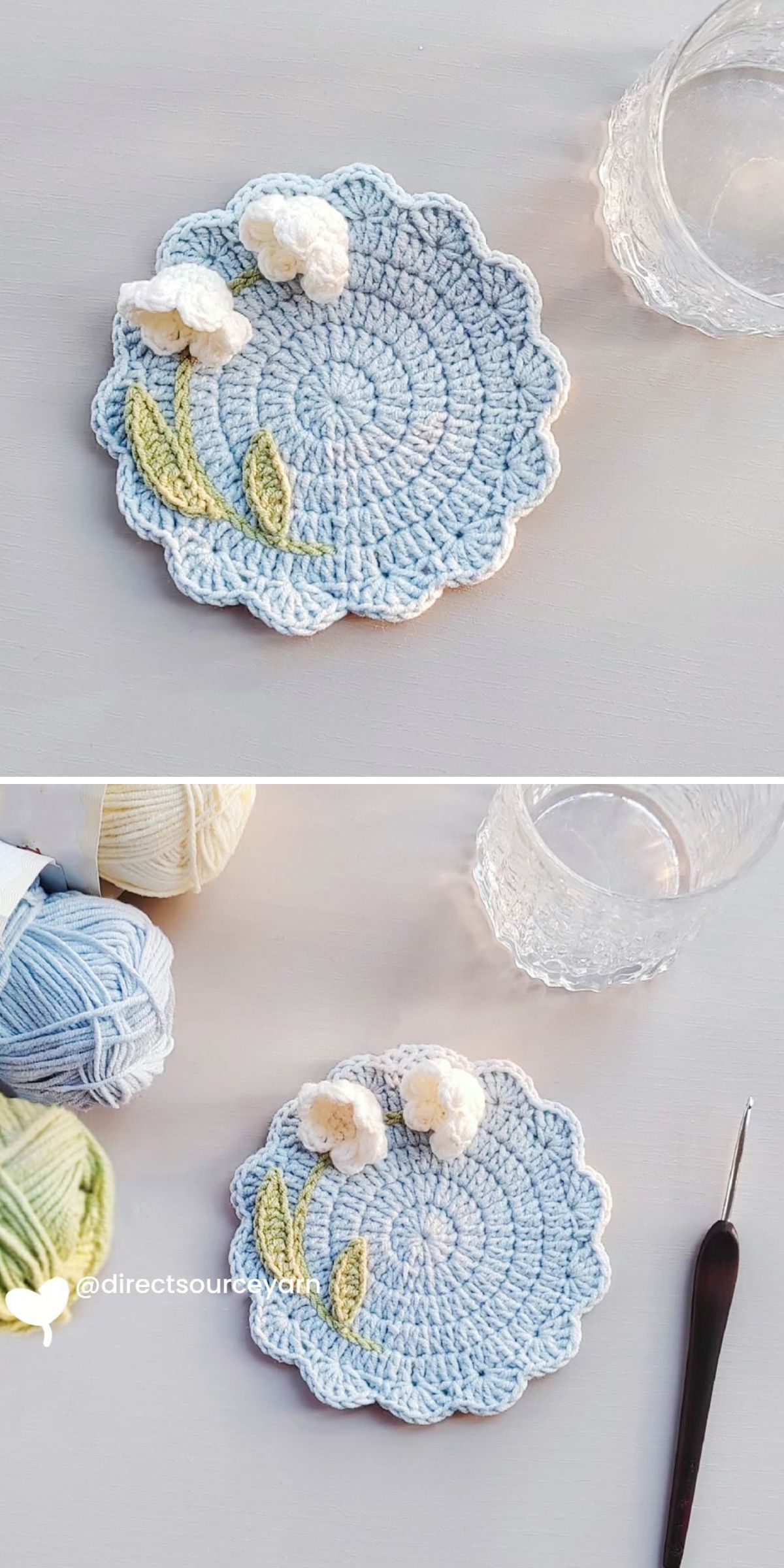 a crochet coaster with a scalloped edge and lovely lily flower applique