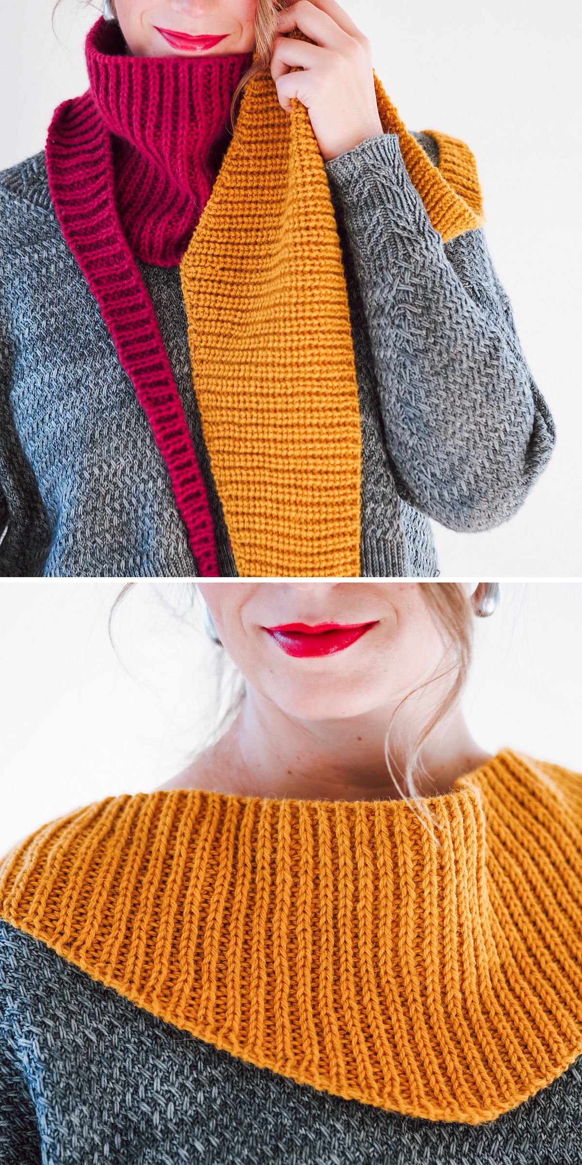 a knit shawl in vibrant colors and a long triangular construction