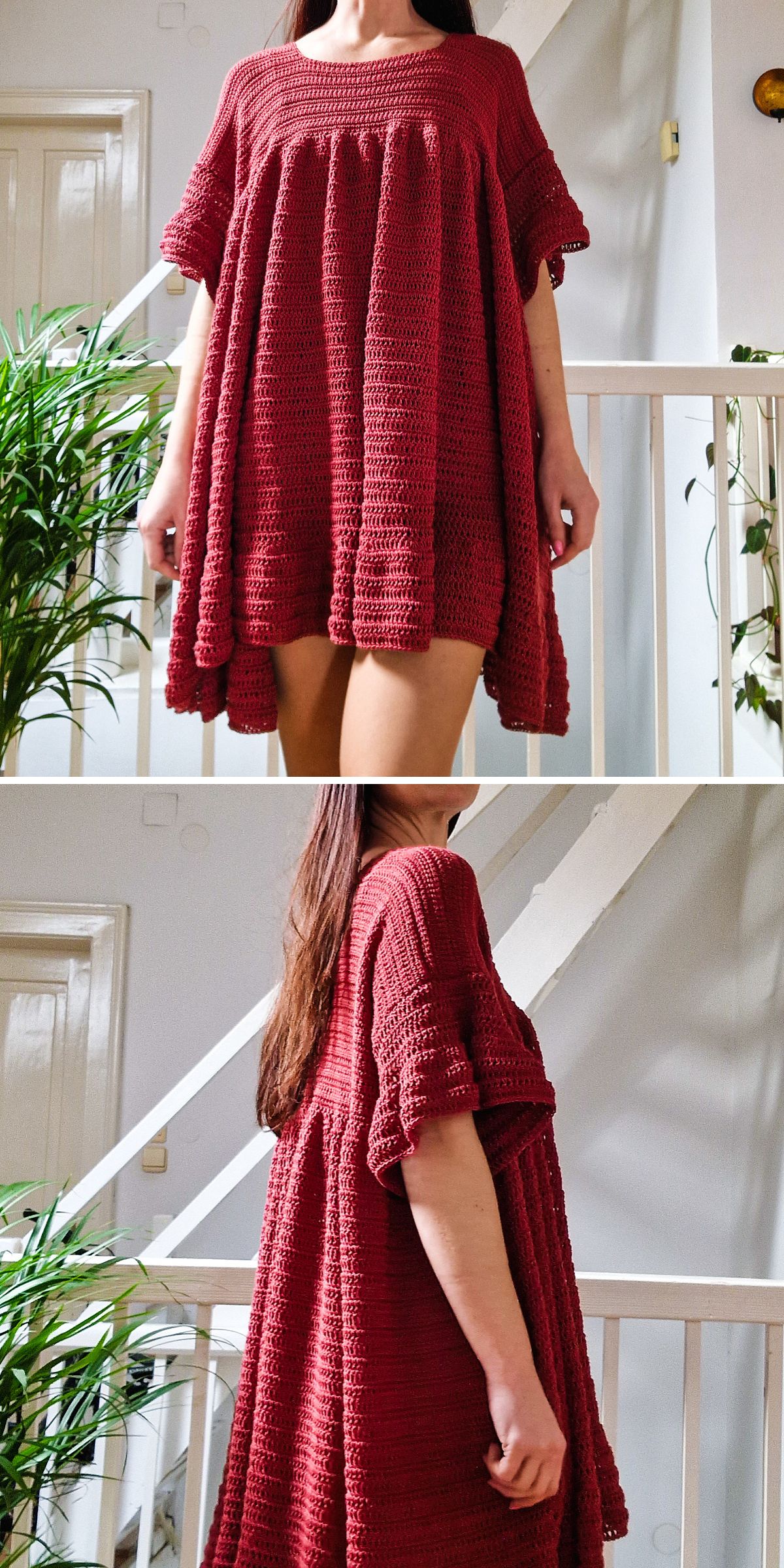 a flowy oversized crochet dress with short sleeves in a red solid color