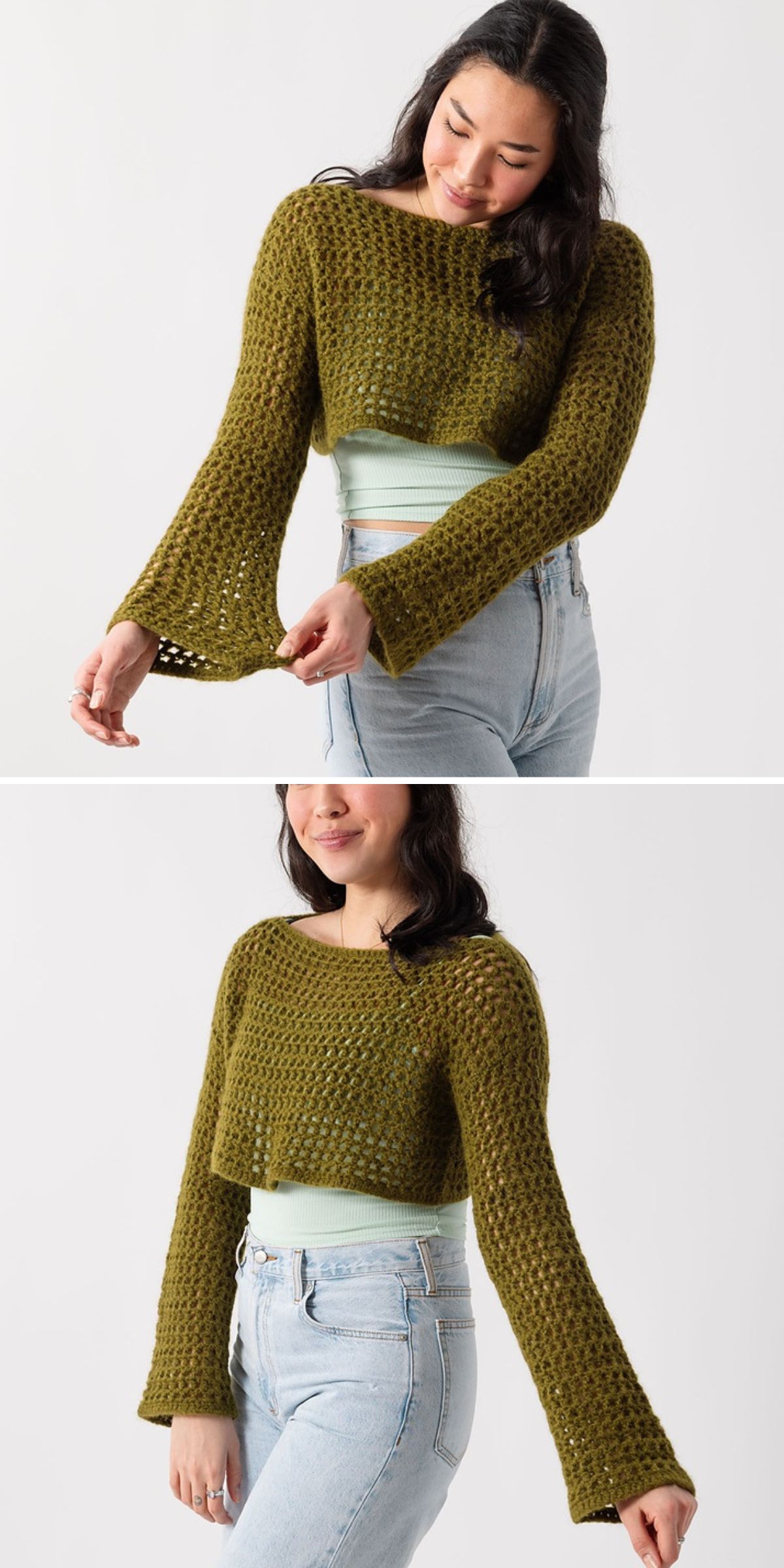 a cropped mesh crochet top with long sleeves in a green shade