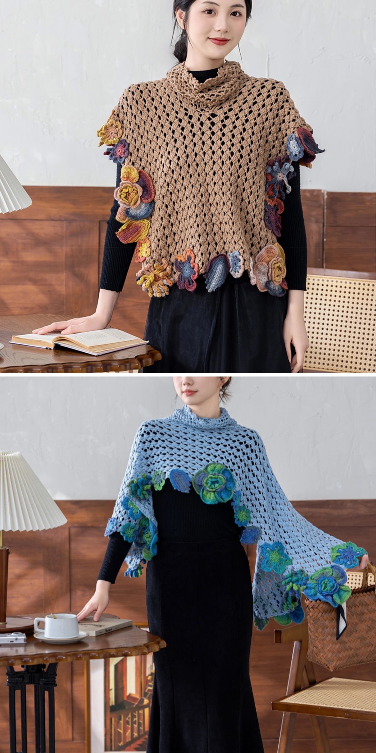 a crochet wrap with a complex floral edge design 