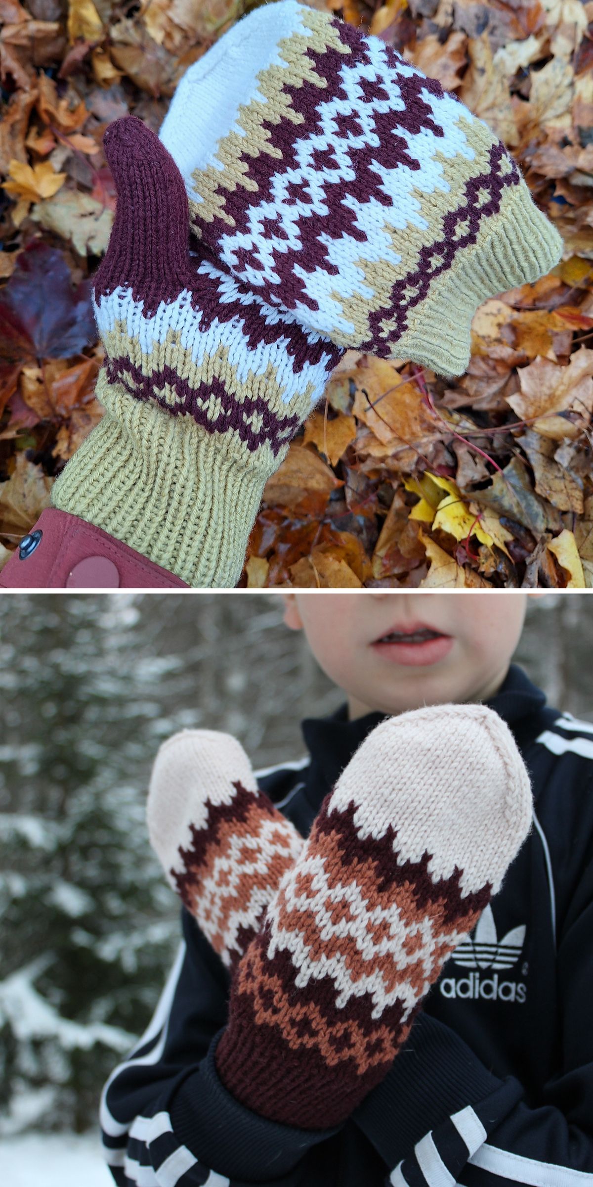 knitted mittens featuring a multicolored and eye-catching design in brown, beige and white