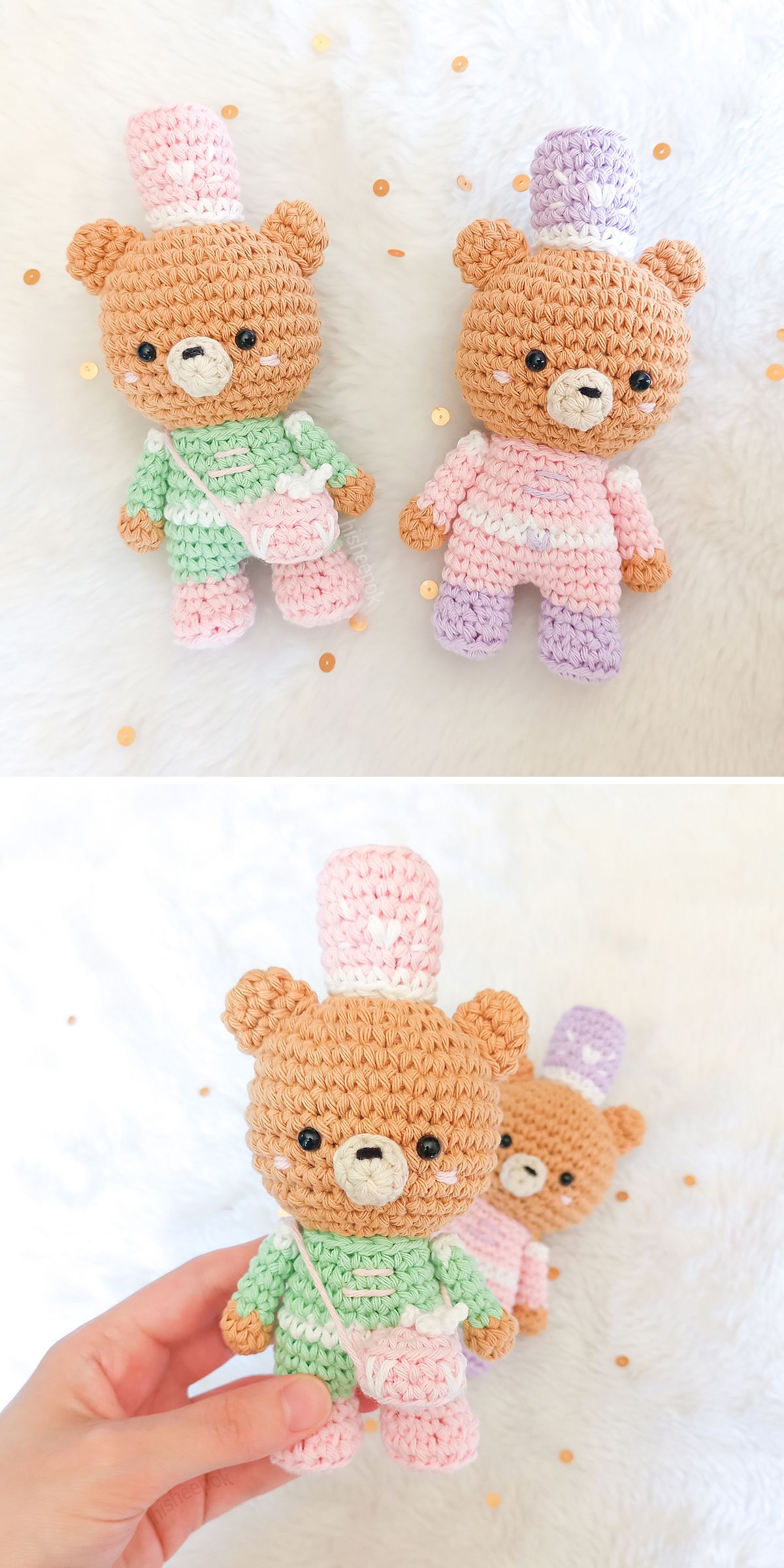 two small crochet bear amigurumi in pastel outifts