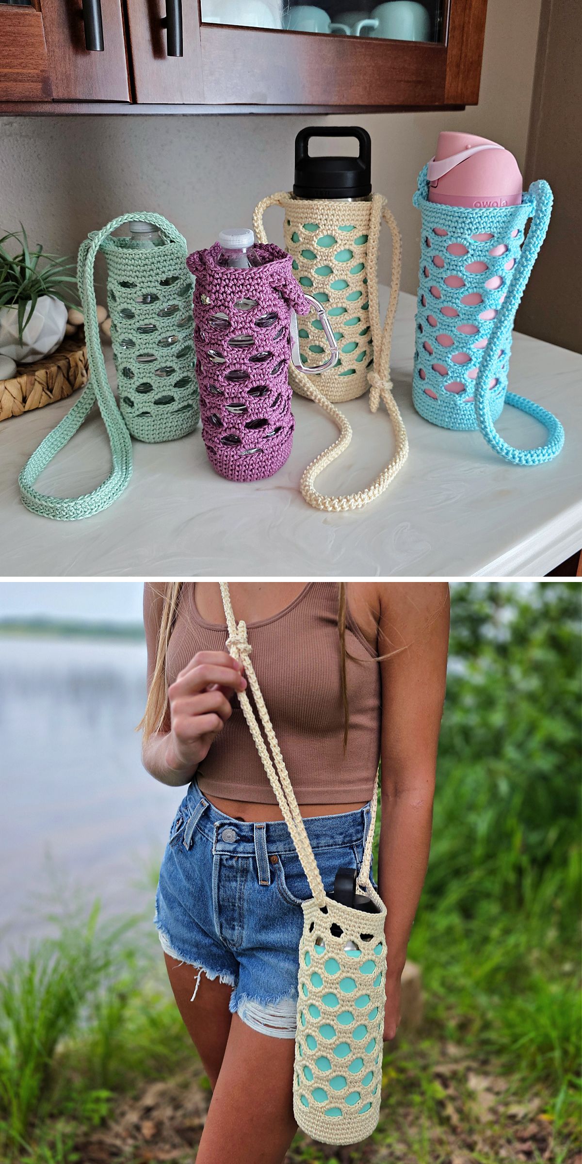 a set of crochet water bottle holders featuring fabric with open spaces