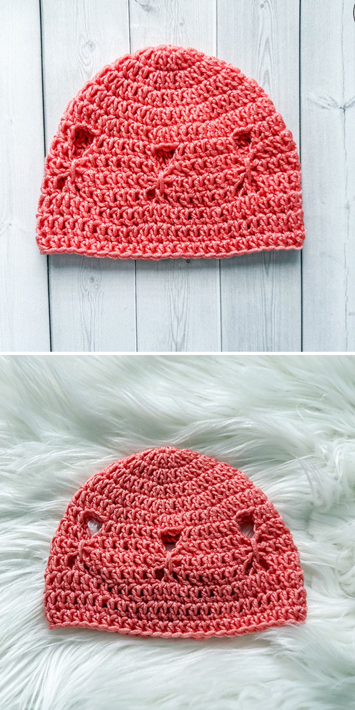 a lovely crochet baby beanie in a vivid pink color and cute openwork motifs 