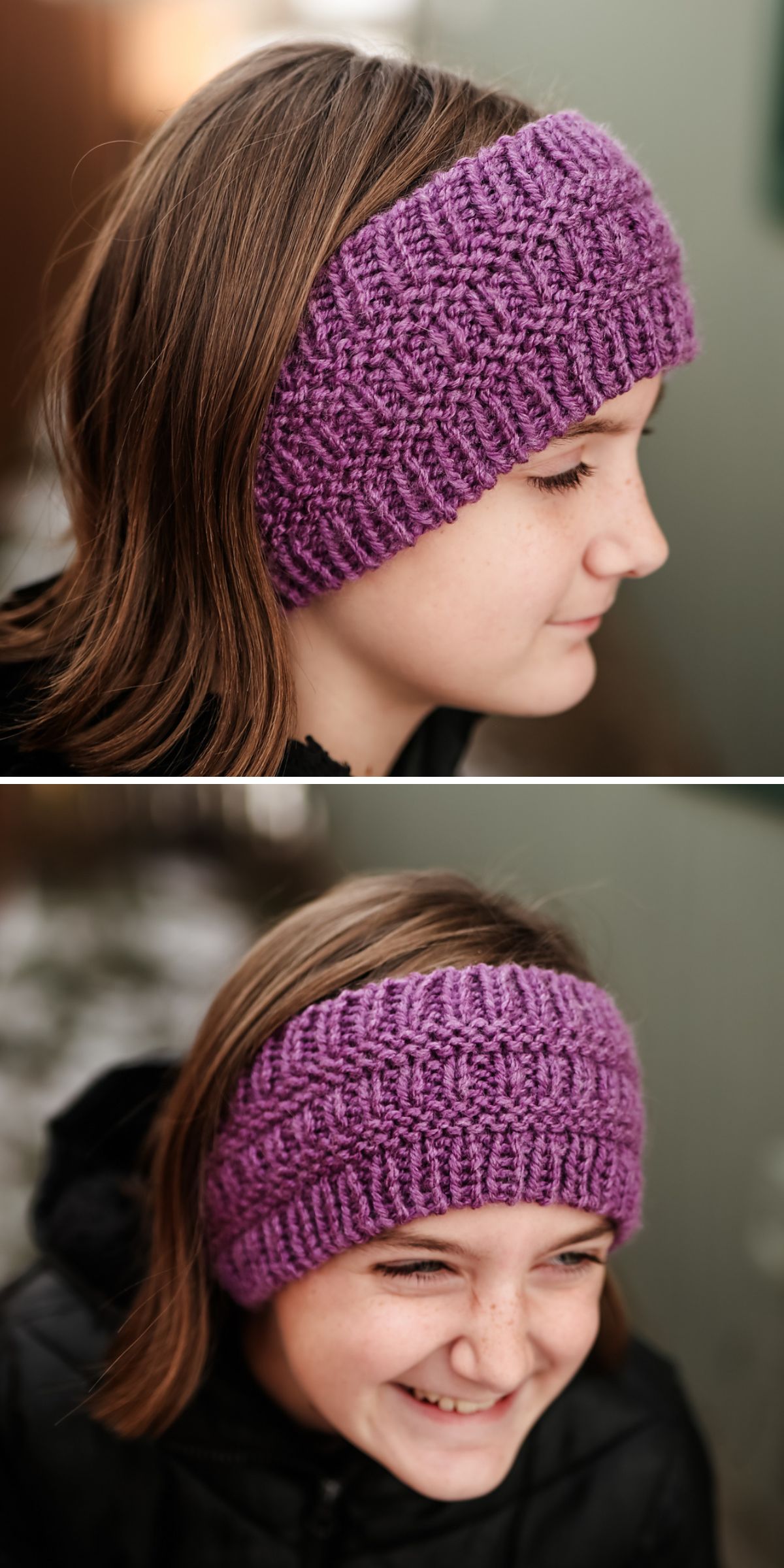a textured knitted headband in a purple color