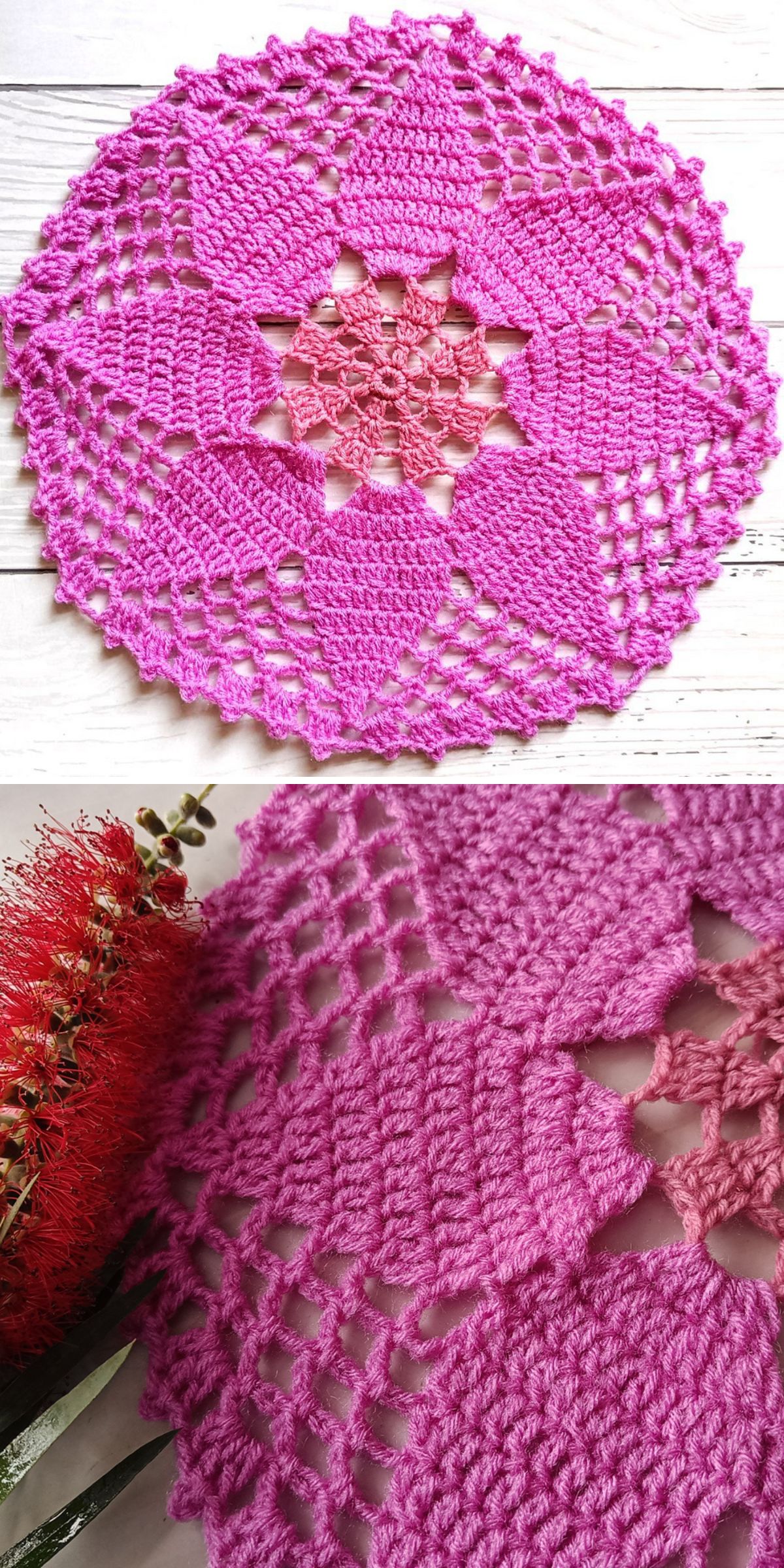 a pink crochet doily with a large flower motif