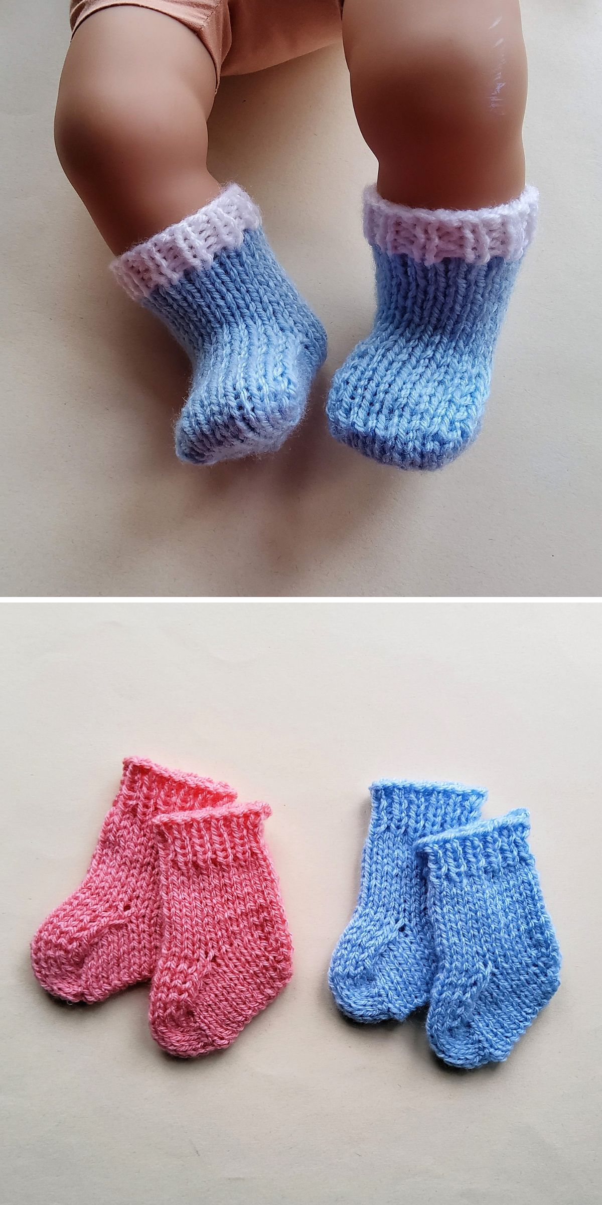 blue knit baby socks with white ribbed cuffs