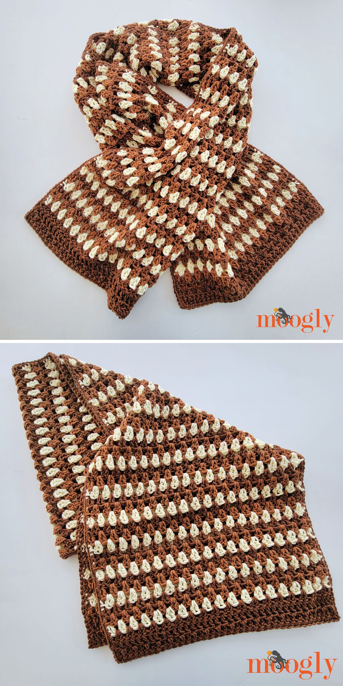 a crochet wrap with a granny stitch texture in brown and cream
