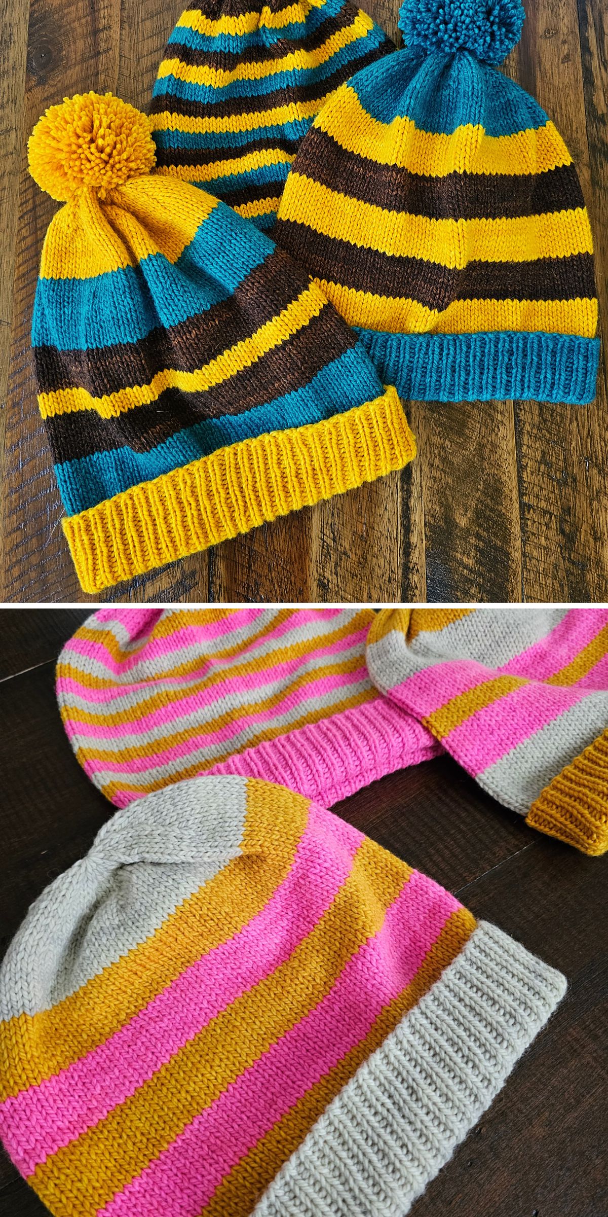 lightweight knitted beanies with a striped design in bright colors