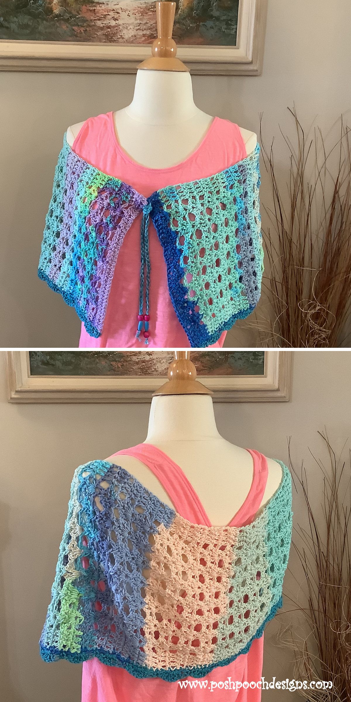 a crochet wrap with a front tie and lacy fabric 