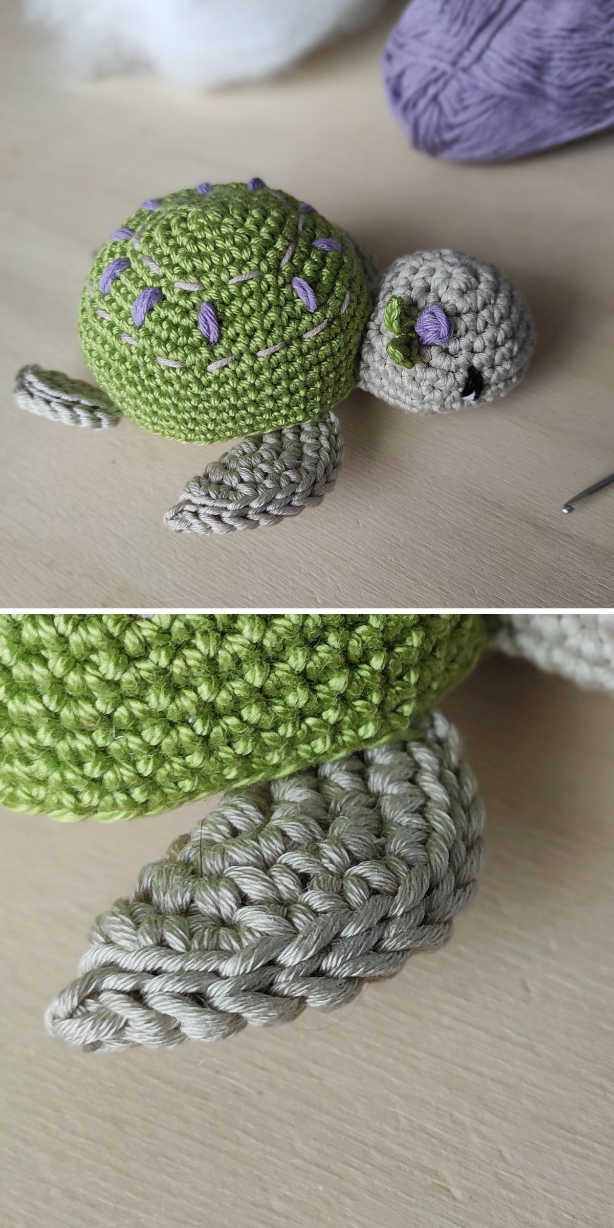 a crochet turtle with a green shell and cute flower applique on its head