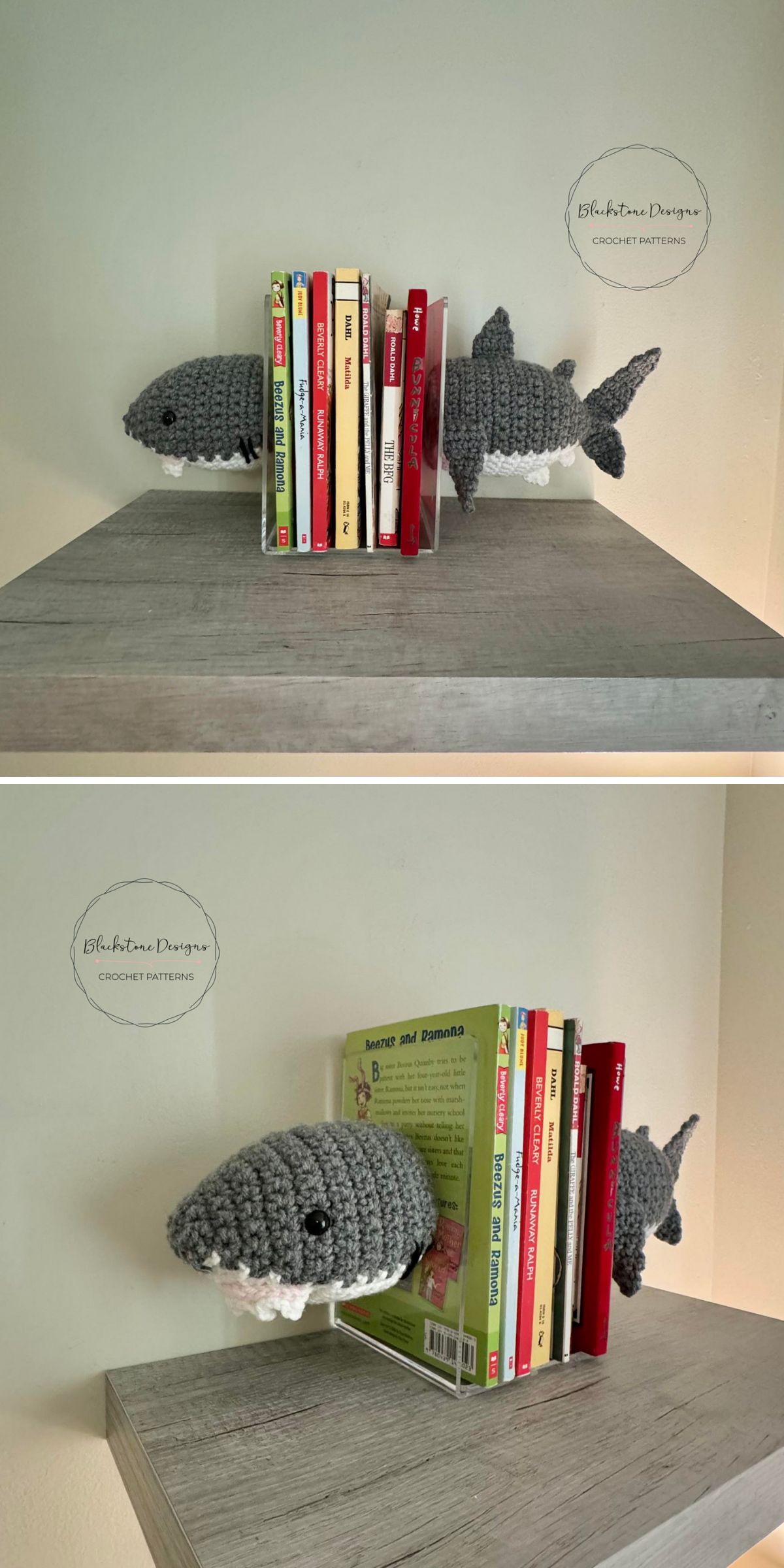 a crochet shark serving as a book divider