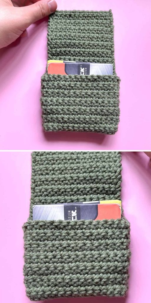 Two photos of a hand holding a green Crochet Wallet pouch with a pocket, containing two plastic cards, on a pink surface.
