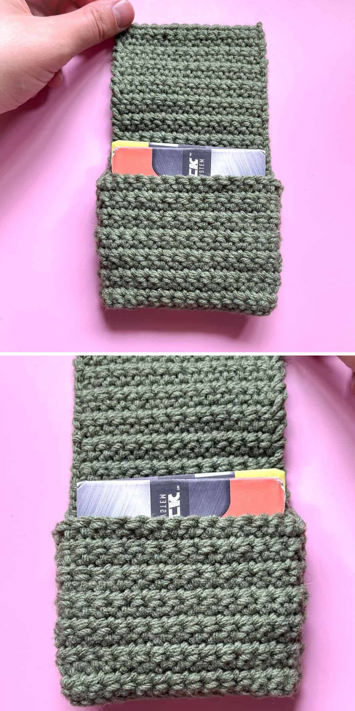 Two photos of a hand holding a green Crochet Wallet pouch with a pocket, containing two plastic cards, on a pink surface.