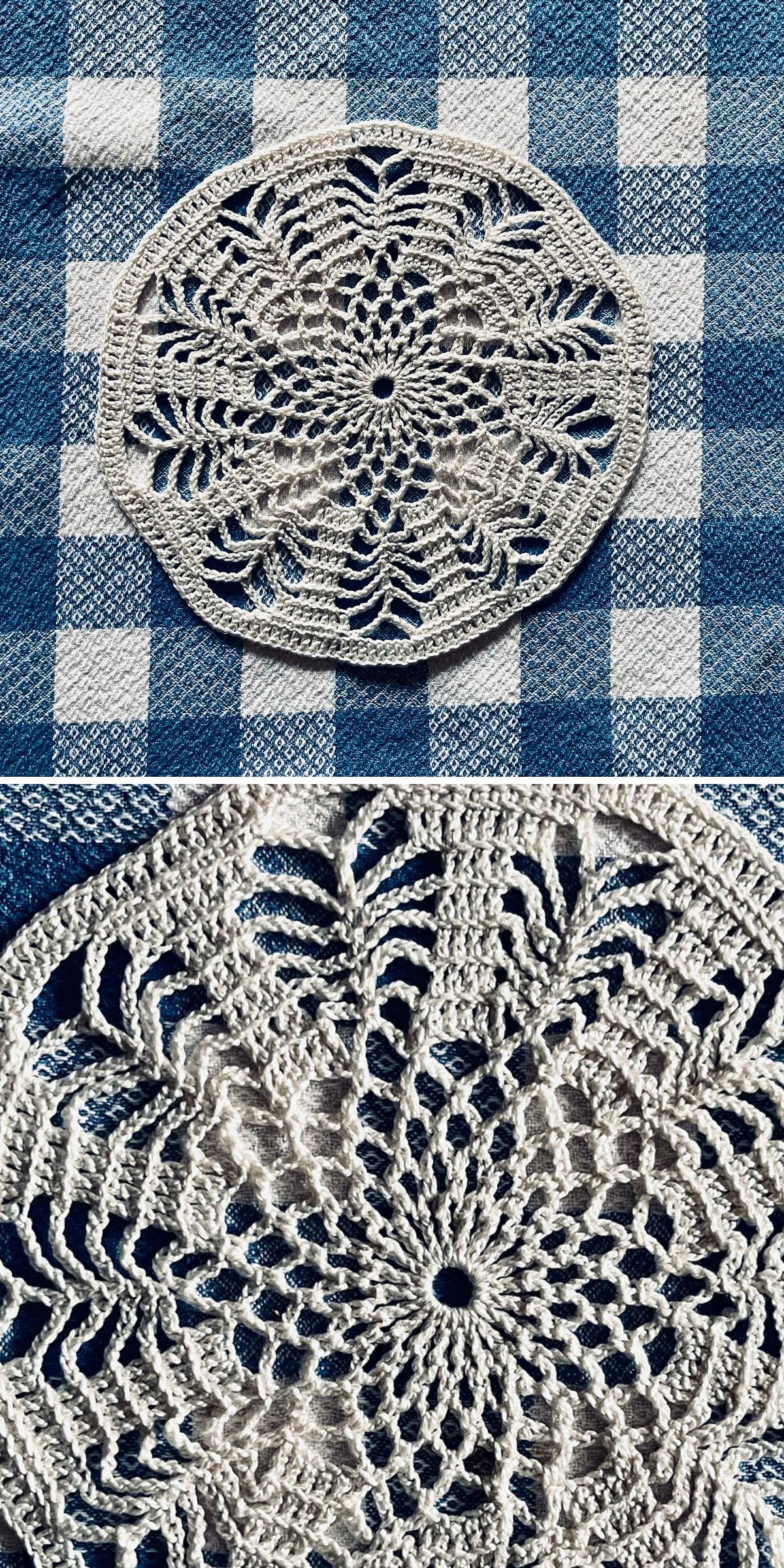 a lacy crochet round doily in white