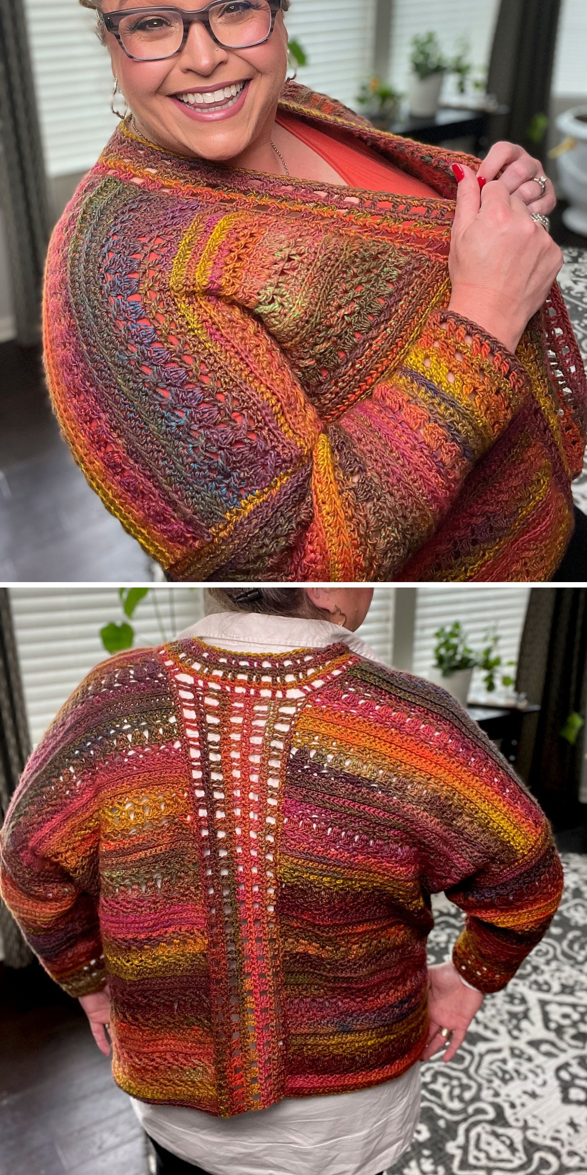 a light crochet cardigan in vibrant colorway and lacy design