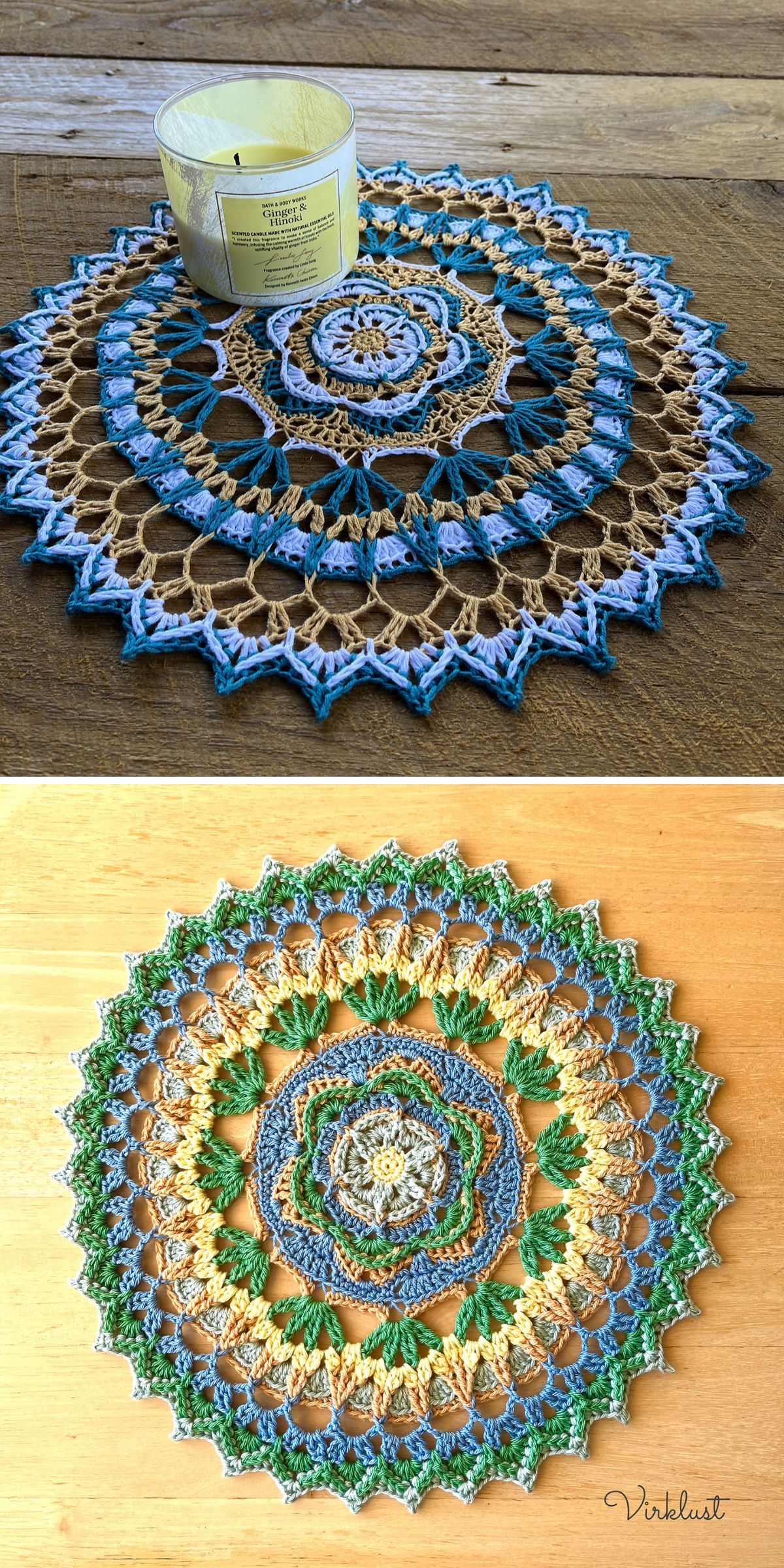 a crochet mandala with a picot edge and lacy floral design 
