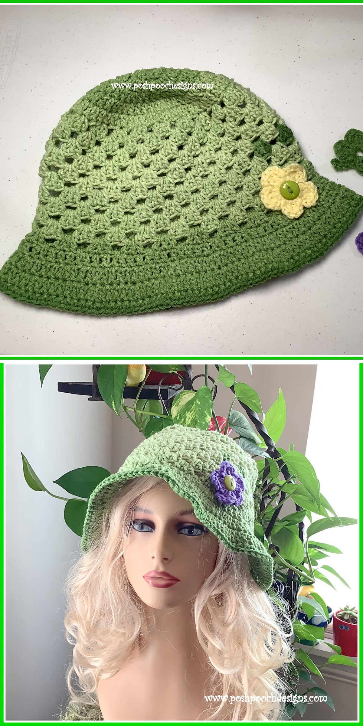 a green crochet granny bucket hat with a flower applique