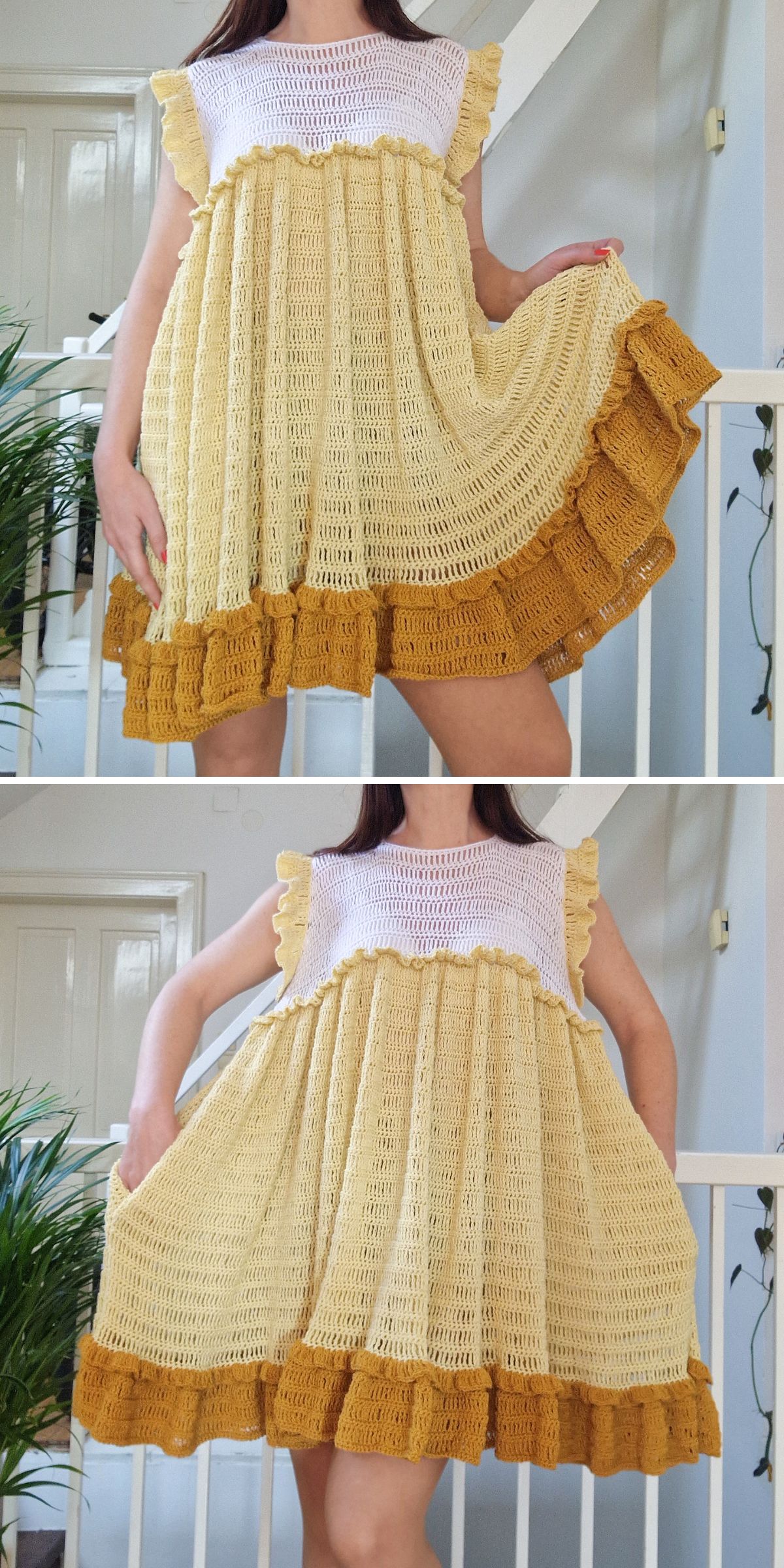 a yellow crochet dress with ruffles