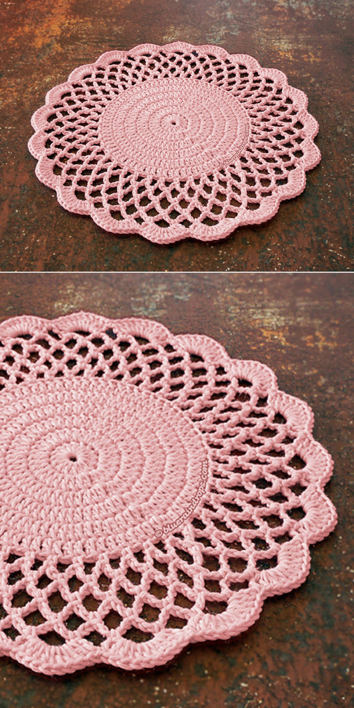 a pink crochet doliy with a scalloped edge