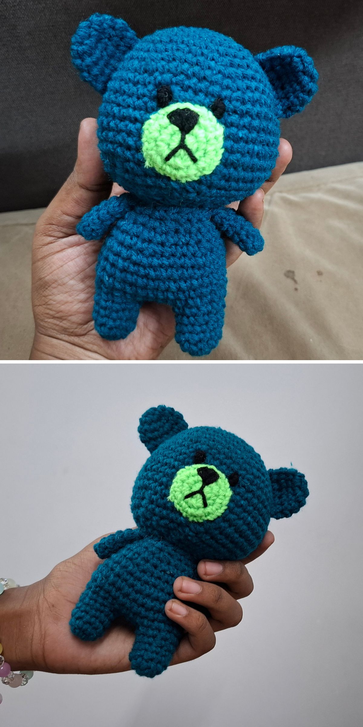 a simple crochet teddy bear with a big head and blue color