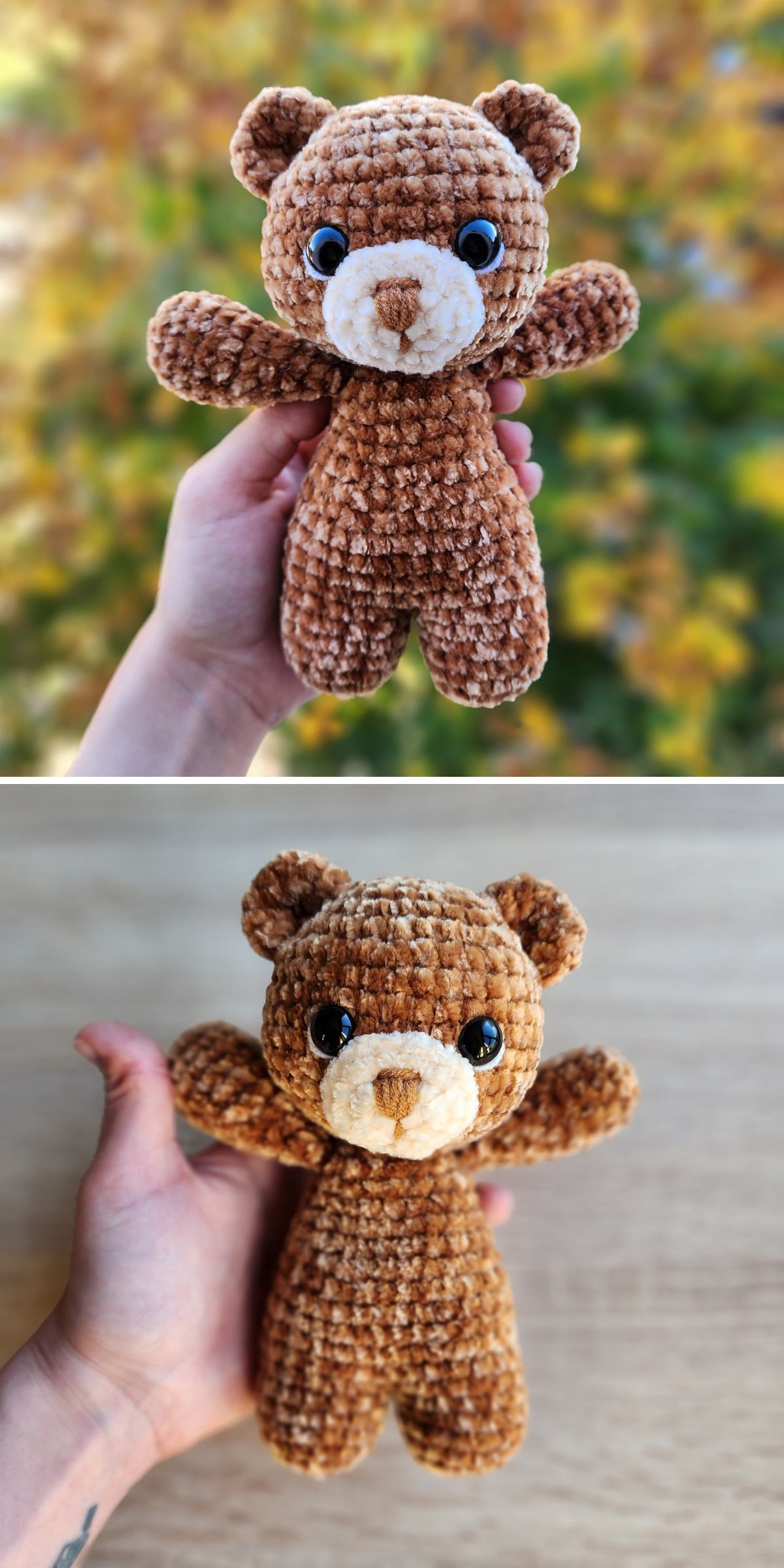 a cute crochet teddy bear amigurumi made in brown chennile yarn