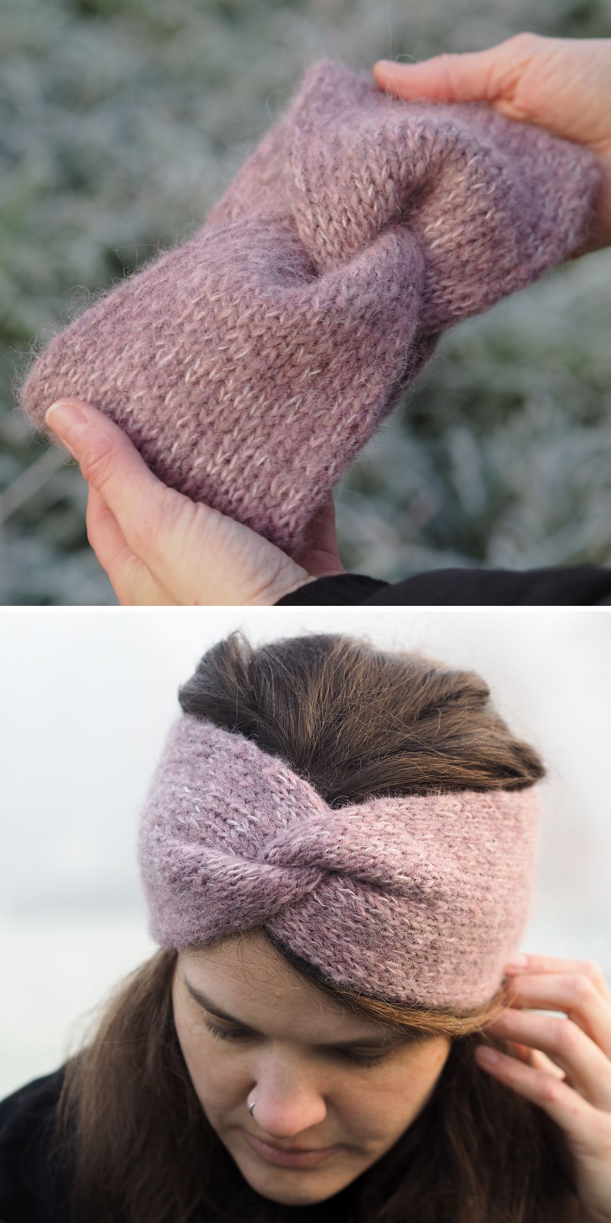 a knit headband made of soft mohair yarn in a mute purple color