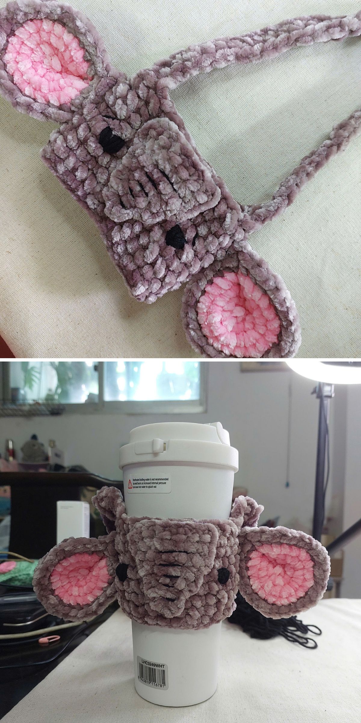 a crochet bottle holder shaped like an elephant