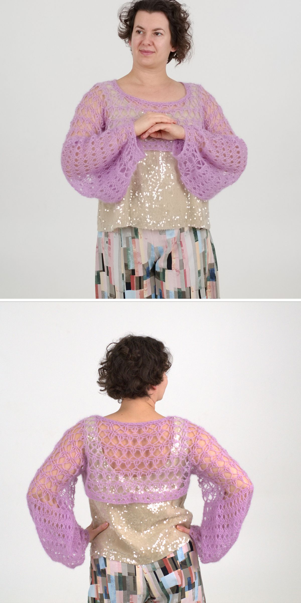 a woman wearing a lavender crochet bolero with long sleeves