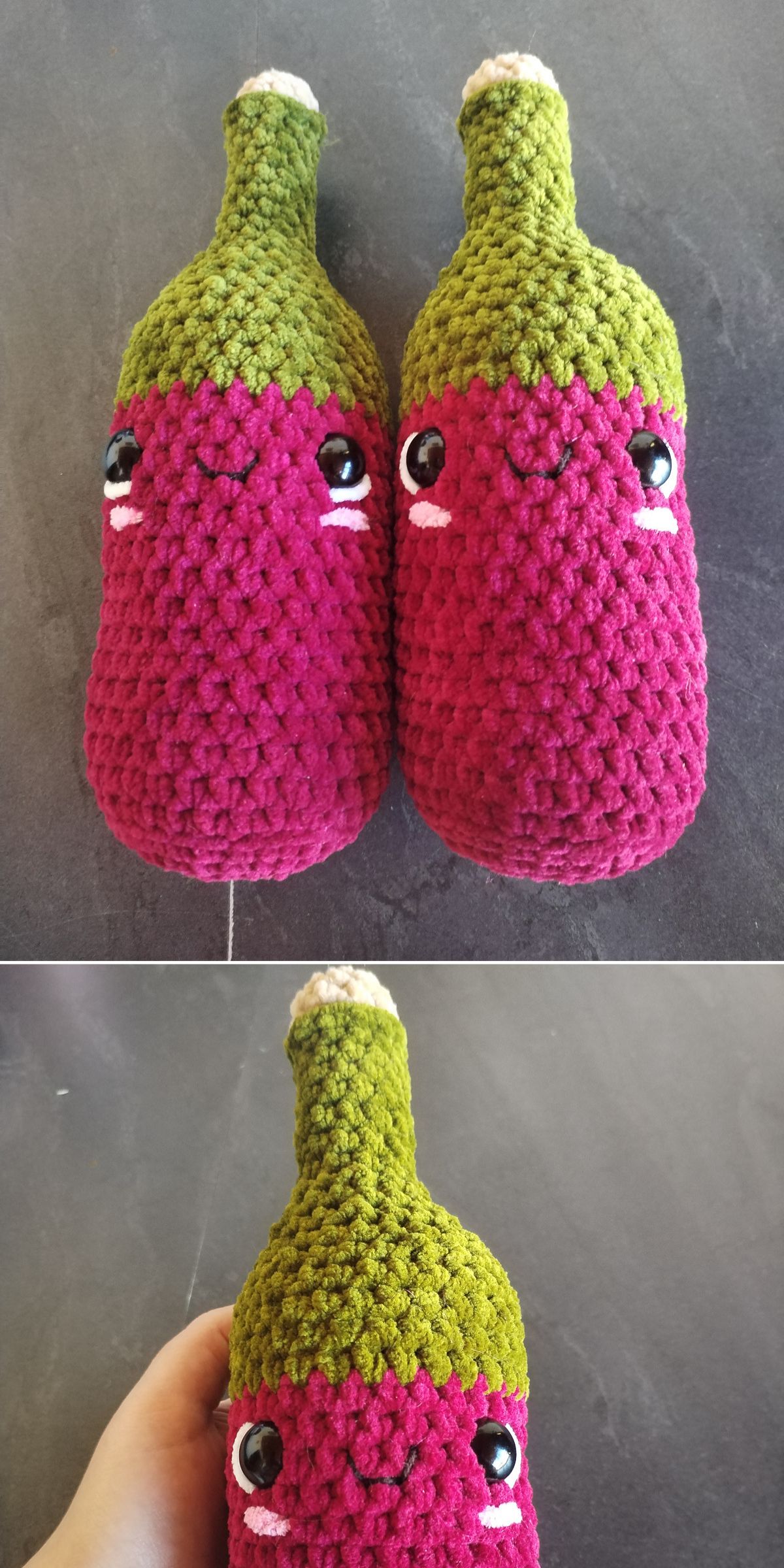 two plush crochet wine bottles with happy faces