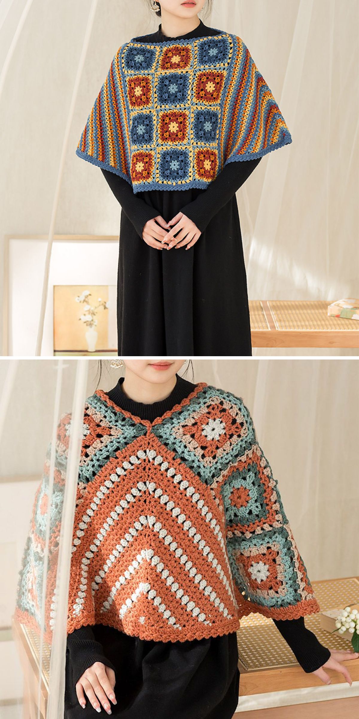 a reversible crochet shawl combining squares and stripes