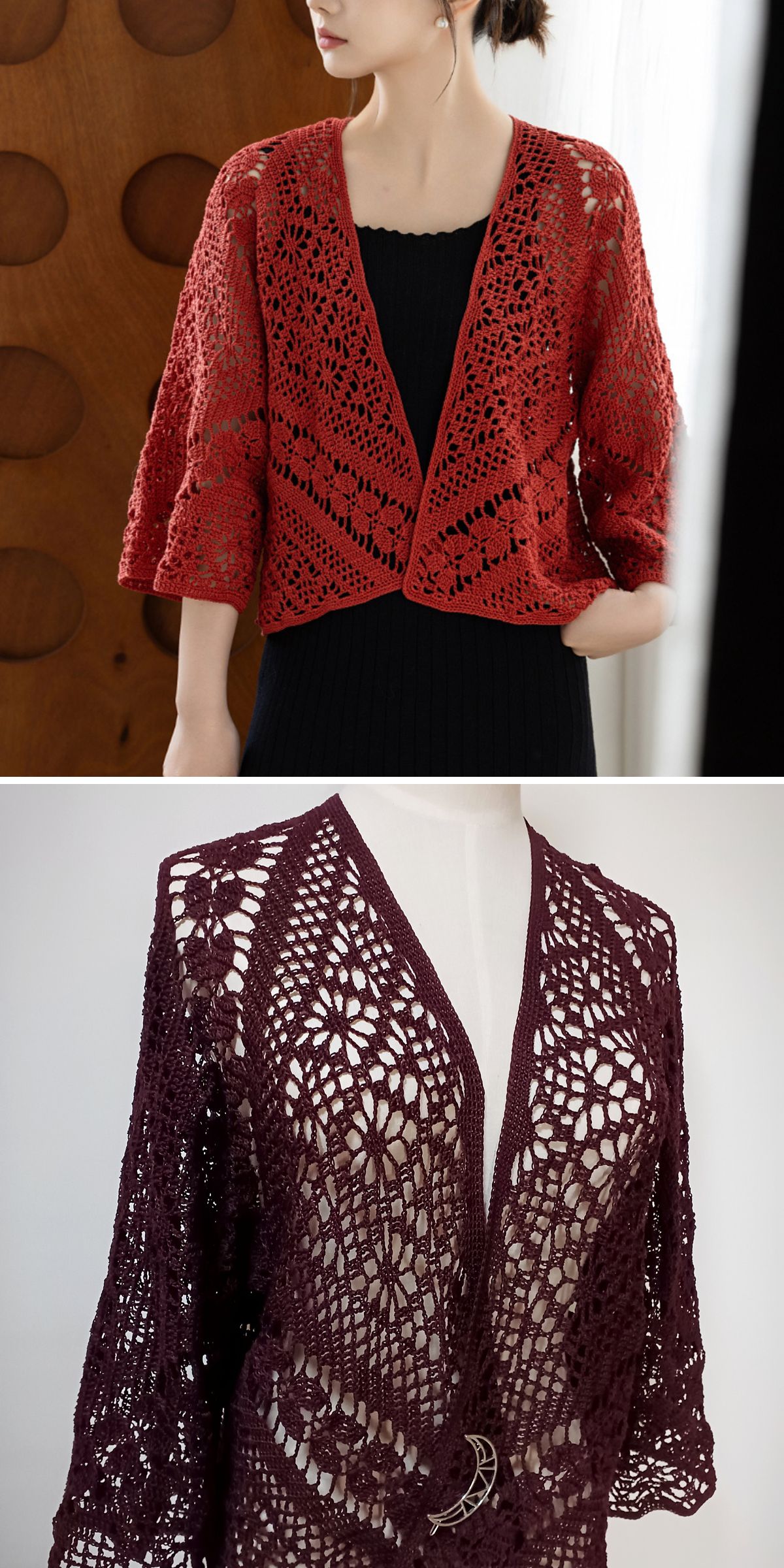 a crochet cardigan featuring a detailed lacy fabric