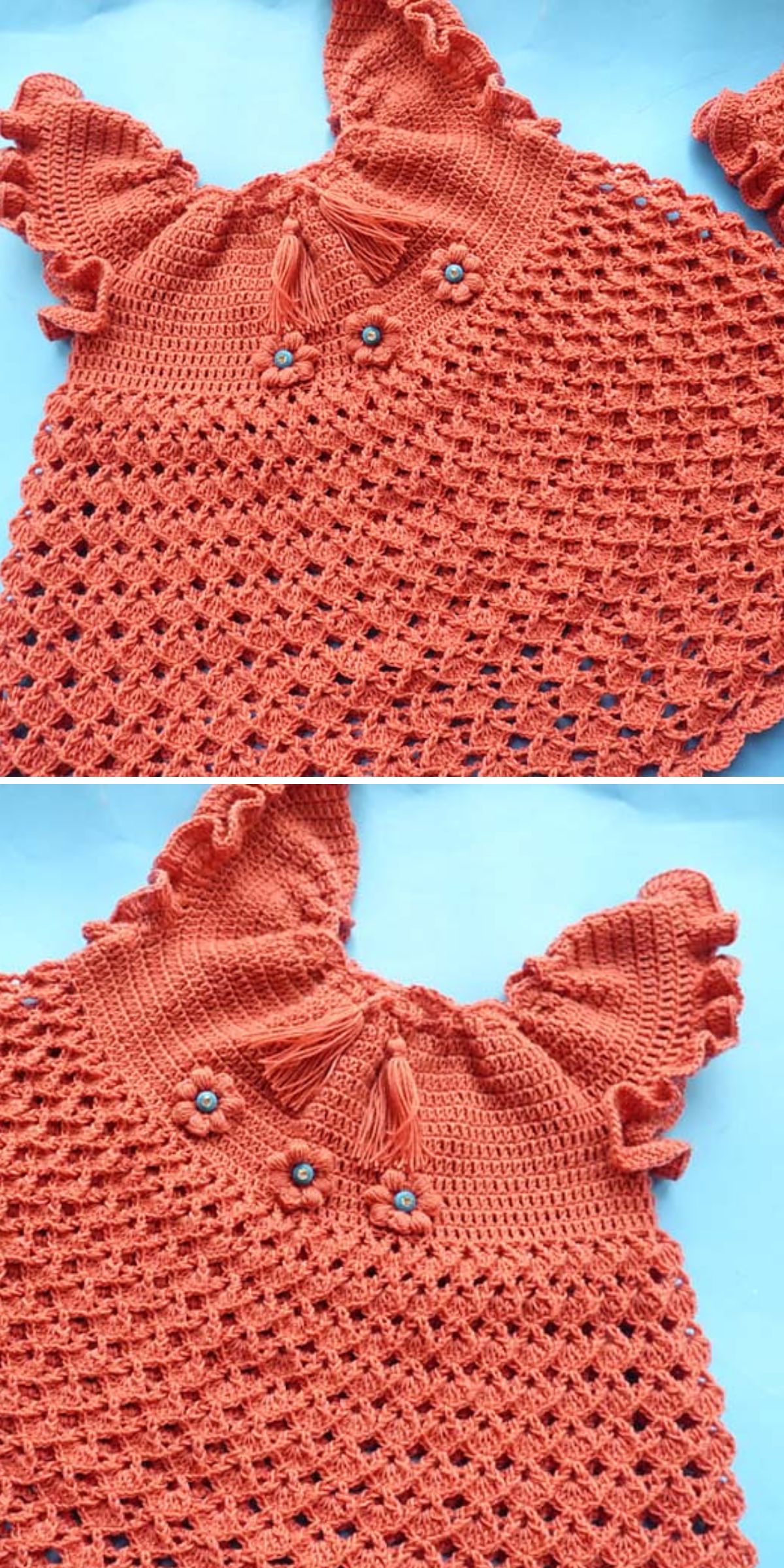 a lovely crocheted baby dress in a soft red color