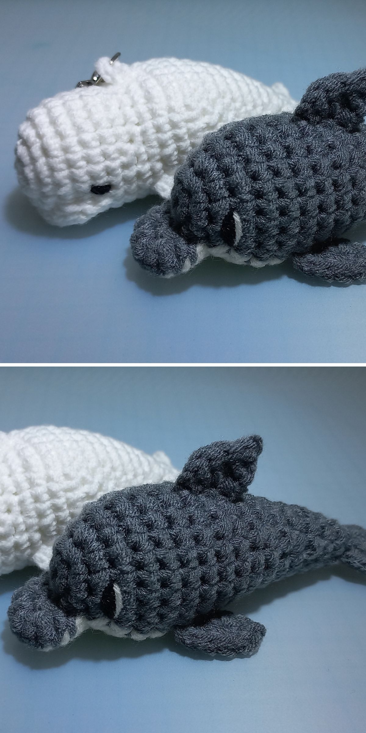 a crochet dolphin and a white beluga