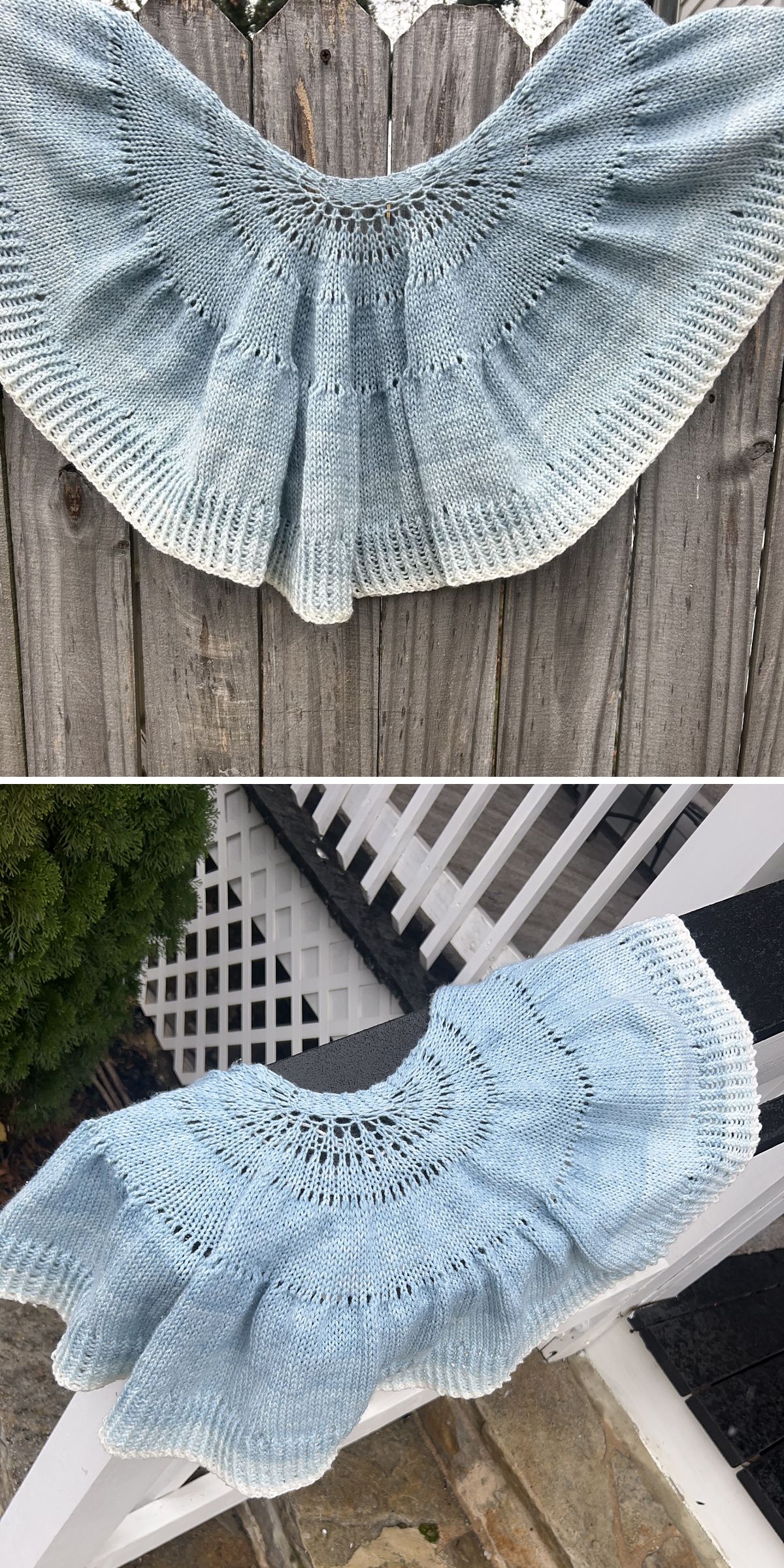 a lightweight knit shawl in a sky blue color featuring a crescent shape