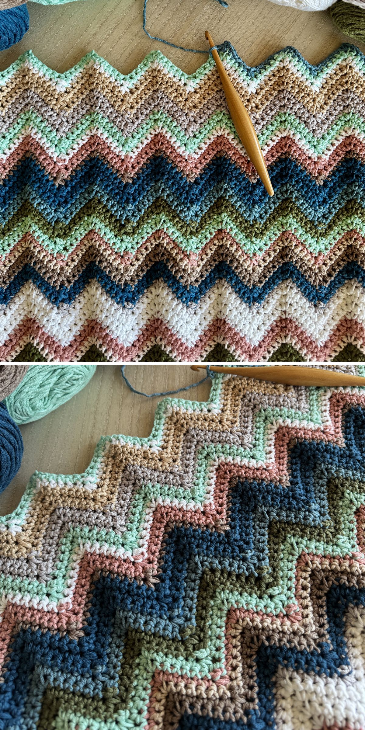 a multicolored crocheted blanket with a chevron design 