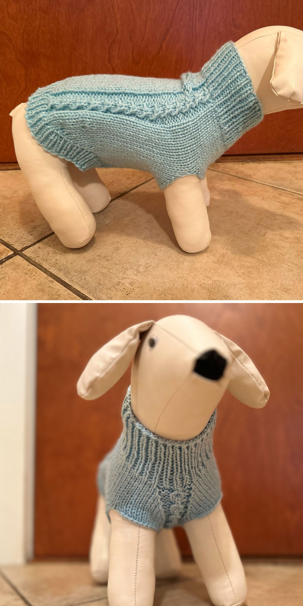 a knitted dog sweater with a stylish cable detailing 