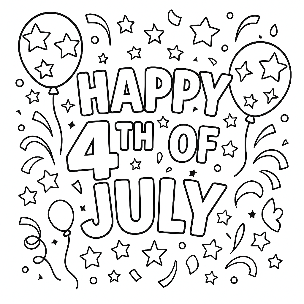 Happy 4th of July banner surrounded by balloons, stars, and confetti – simple Independence Day coloring page