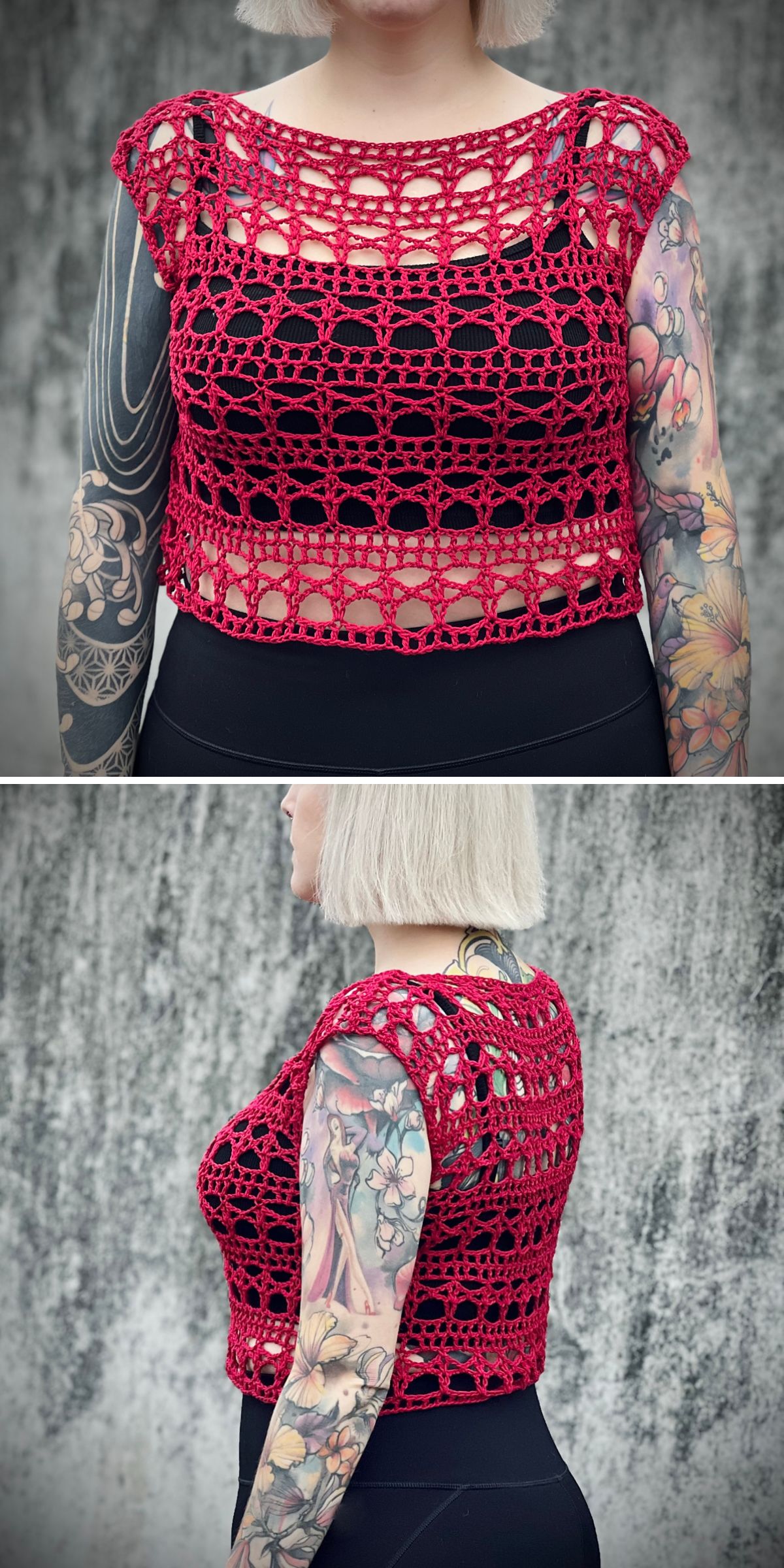 a crochet mesh top in a red color