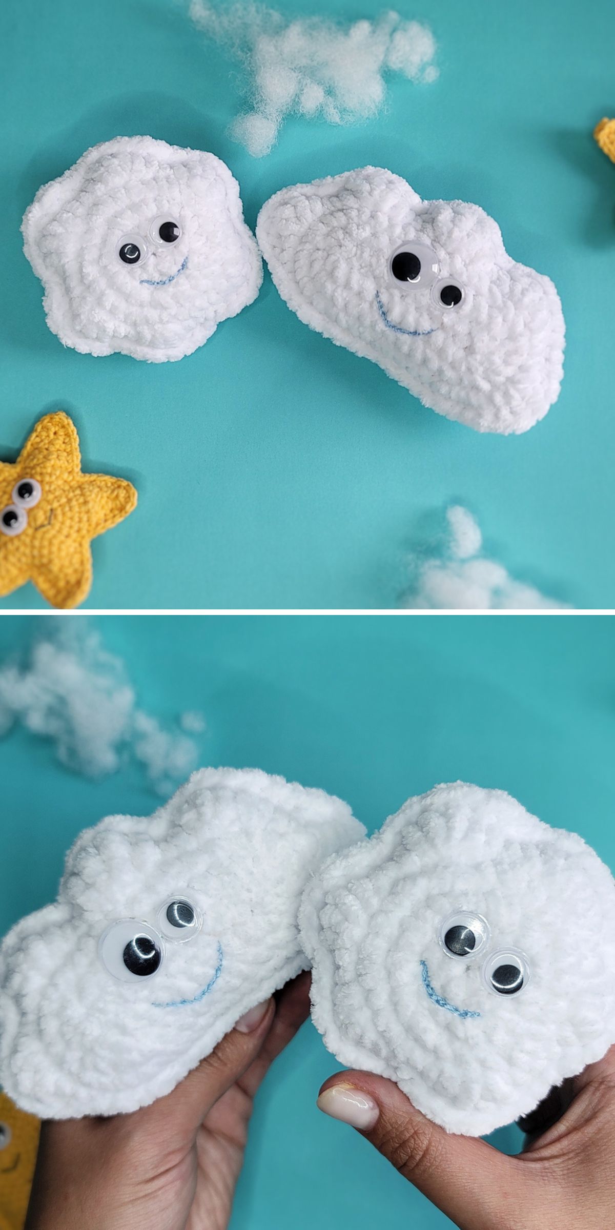 crochet clauds with smiley faces